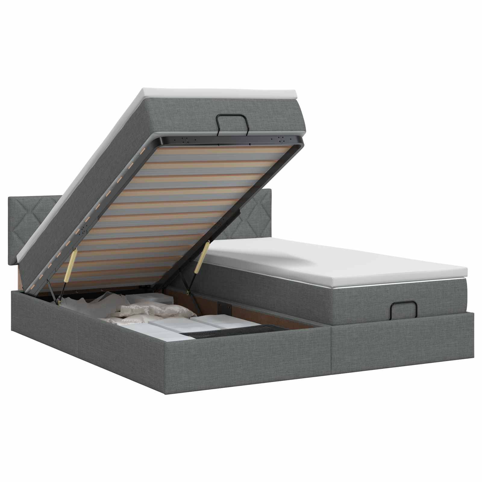 Grau gepolstertes Speicherbett mit einer offenen Seite, das eine erhöhte Matratzenunterlage und ein Unter-Bett-Fach mit Leinen im Inneren zeigt.