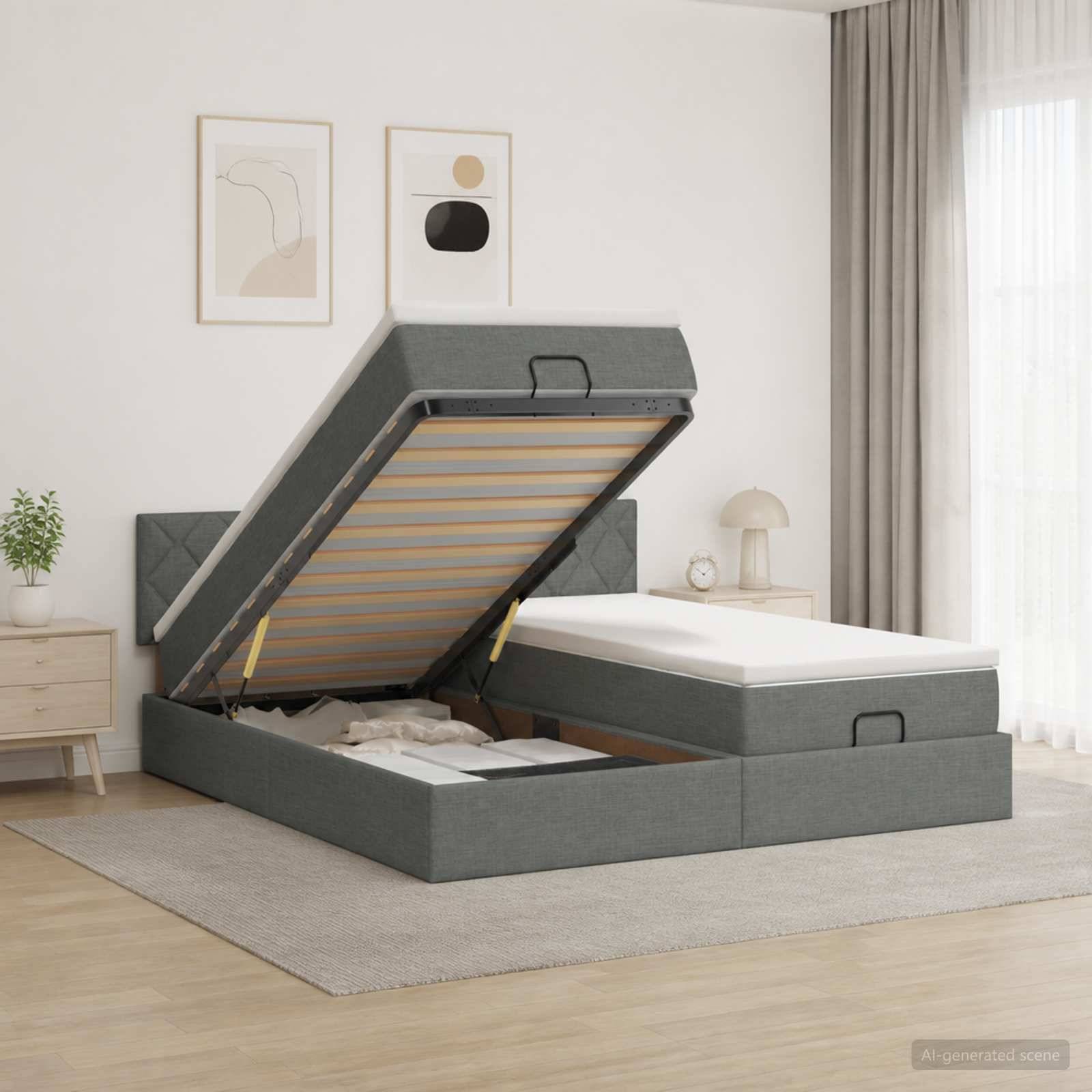 Graues gepolstertes Speicherbett mit angehobener Matratze, das ein Unter-Bett-Fach in einem hellen modernen Schlafzimmer zeigt.