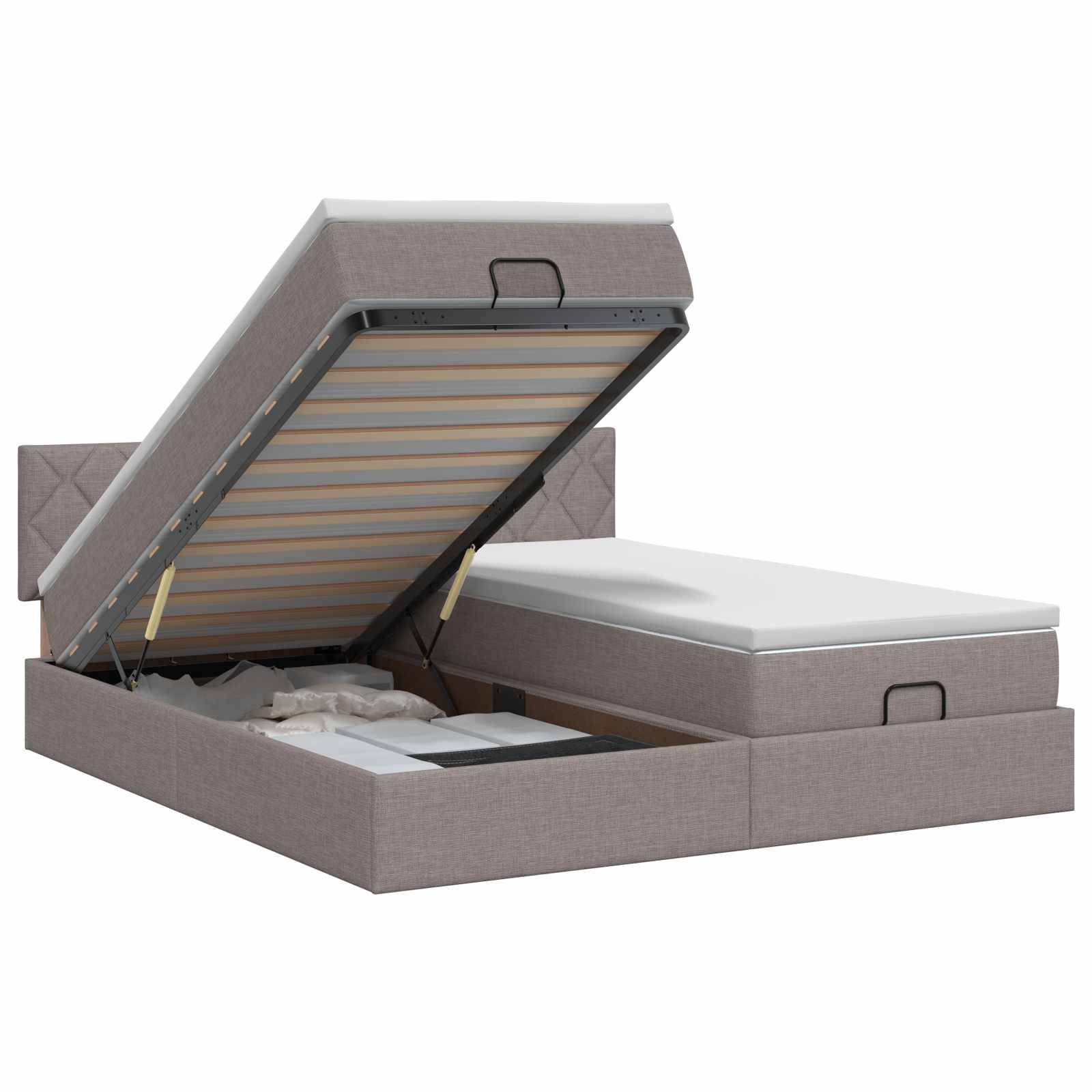 Gepolstertes Speicherbett mit einer angehobenen Matratze, die das Stauraum-Fach unter dem Bett offenbart.