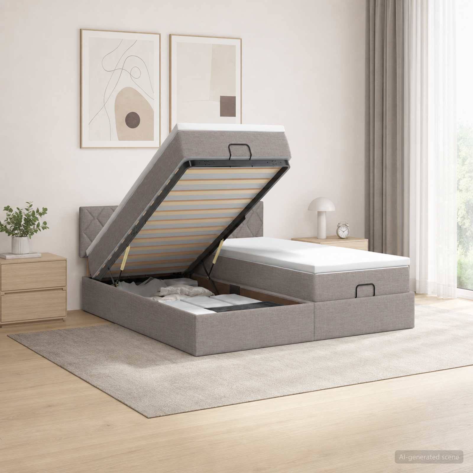 Grau gepolstertes Speicherbett mit einer Seite angehoben, um den Stauraum unter dem Bett zu zeigen; modernes Schlafzimmer mit Nachttisch, Lampe, Teppich und Wandkunst.