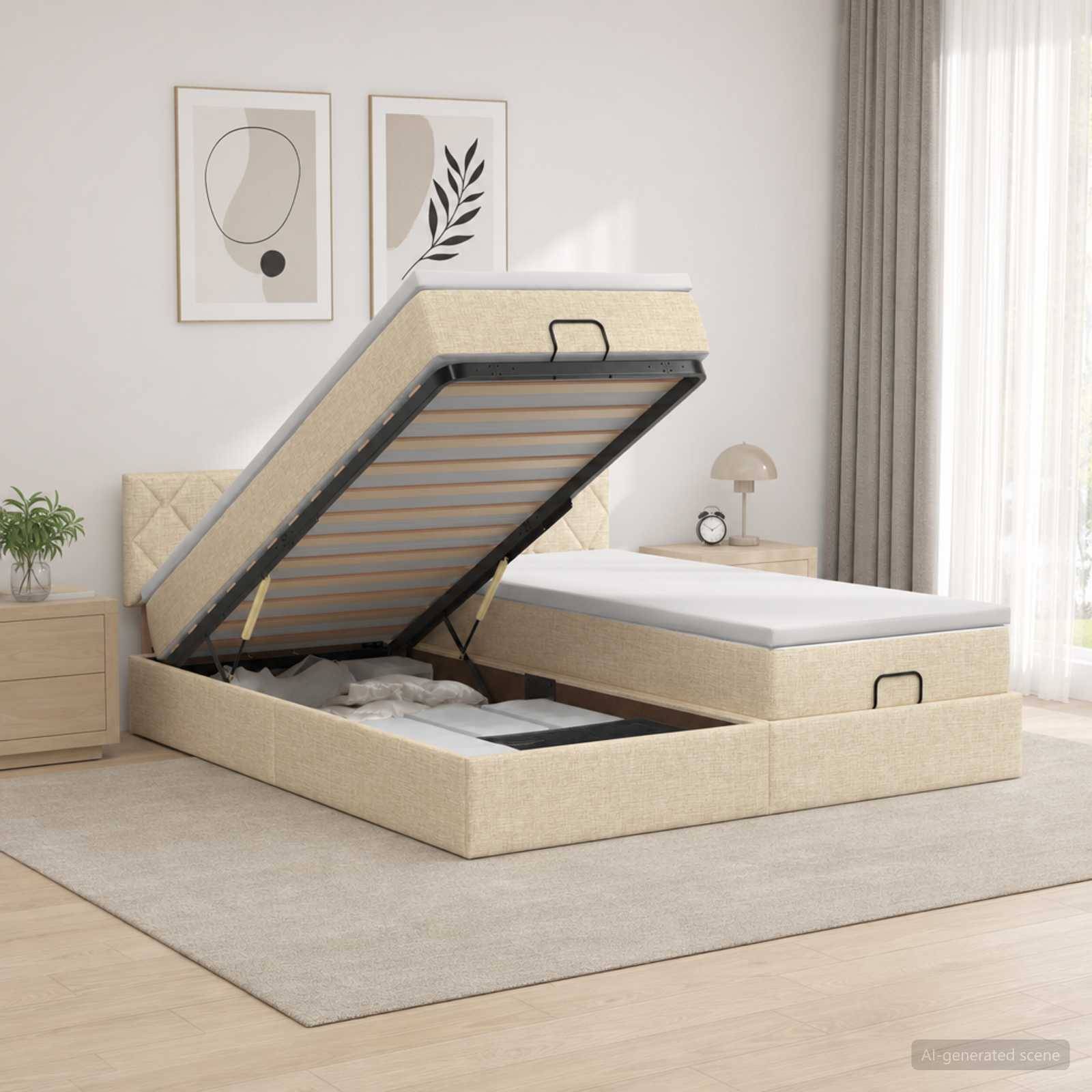 Beiges gepolstertes Bett mit Gasdruckfeder und Stauraum, mit angehobener Matratze, die den Stauraum unter dem Bett in einem hellen modernen Schlafzimmer zeigt.