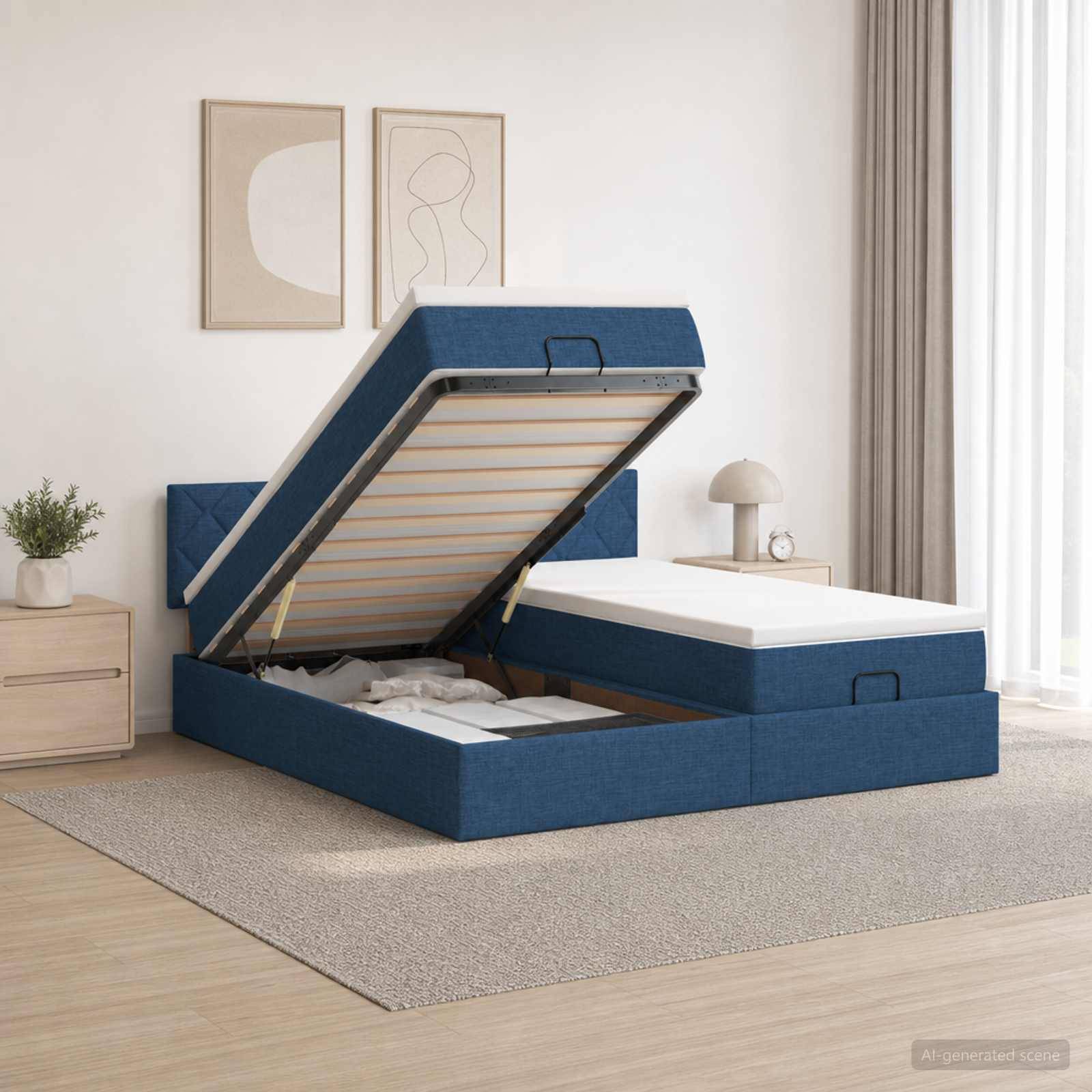 Blaues gepolstertes Bett mit Hubmechanismus in einem hellen Schlafzimmer, das die angehobene Matratzenplattform zeigt, um den Stauraum unter dem Bett freizulegen.