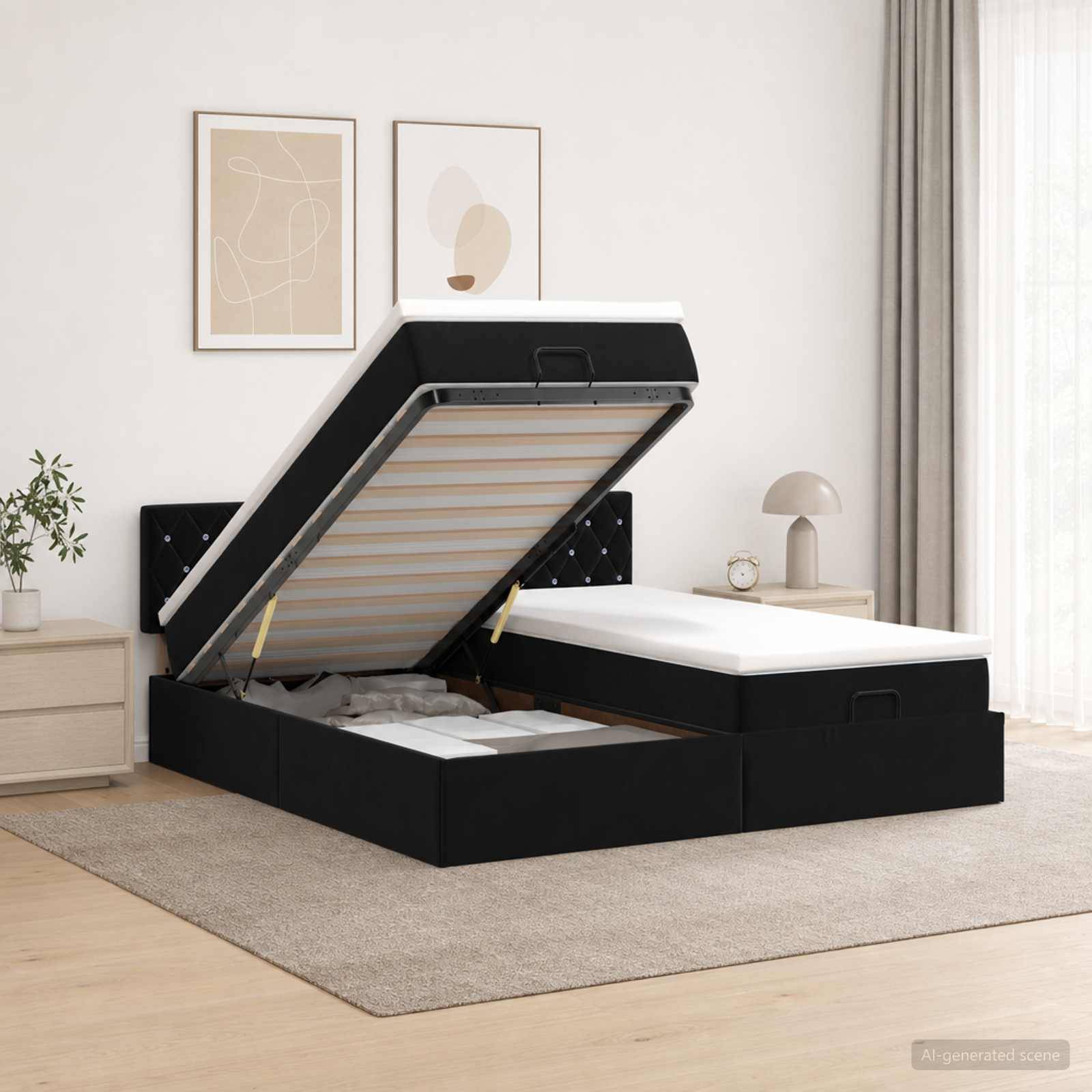 Modernes schwarzes Polsterbett mit einer angehobenen Seite, die den Stauraum unter der Matratze zeigt, in einem minimalistischen Schlafzimmer.