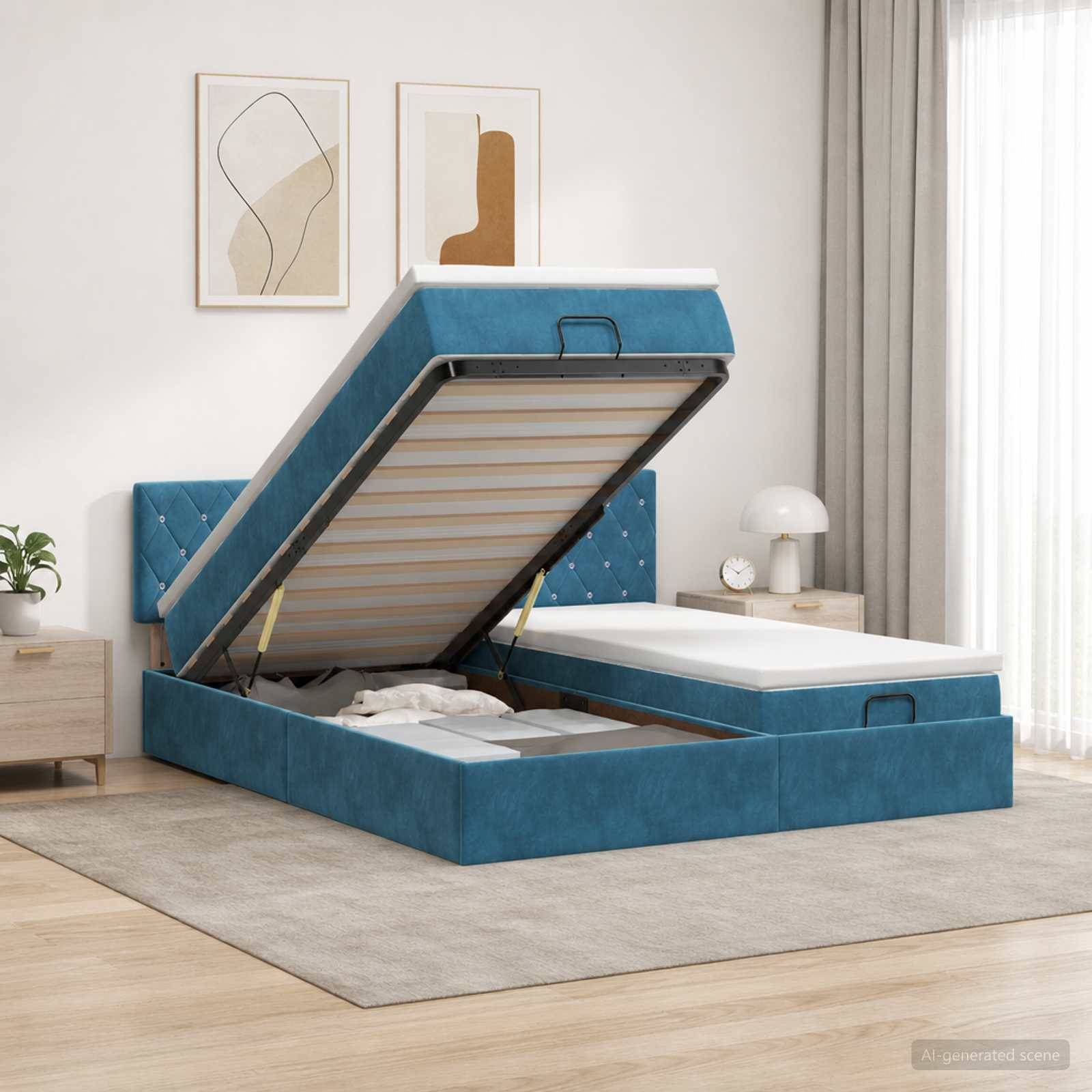 Blau gepolstertes Hebebett mit Stauraum in einem hellen Schlafzimmer, wobei die Matratze angehoben ist, um den Stauraum unter dem Bett zu zeigen.