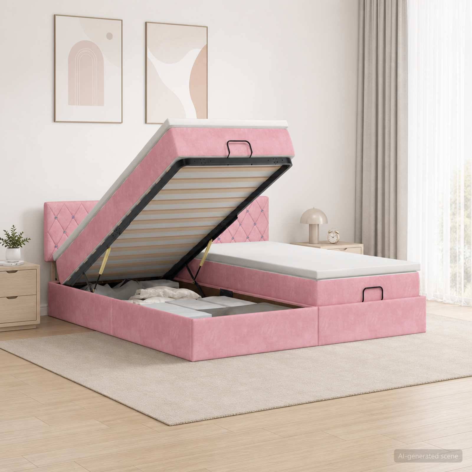 Rosafarbenes gepolstertes Speicherbett mit angehobenem Bett zur Offenlegung von Unter-Bett-Schubladen und einem Gas-Lift-Rahmen in einem hellen Schlafzimmer.
