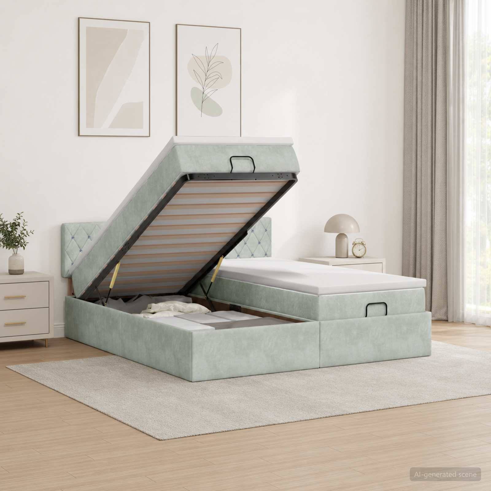 Minzgrün gepolstertes Speicherbett mit der angehobenen Matratzenplattform, um den Stauraum unter dem Bett in einem hellen modernen Schlafzimmer zu zeigen.