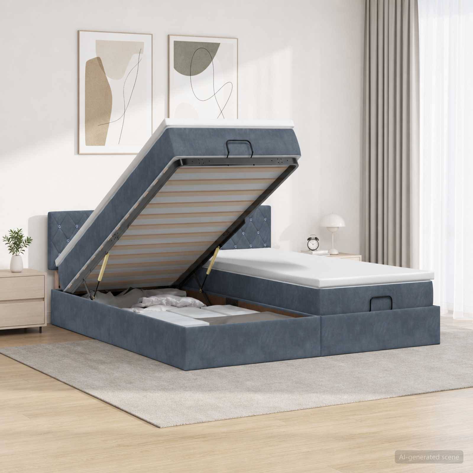 Modernes gepolstertes Bett mit hochklappbarer Speicherbasis offen, zeigt Matratzenstütze in einem Schlafzimmer