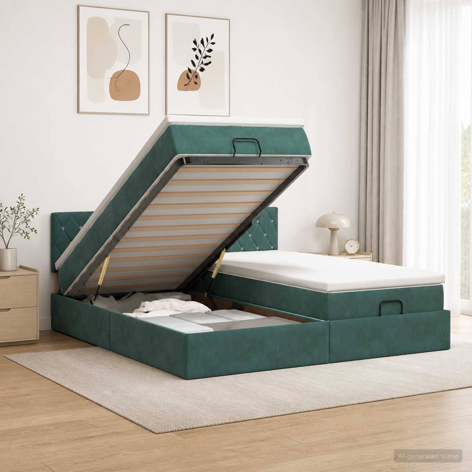 Grünes, gepolstertes Aufklappbett mit Stauraum mit einer hochgeklappten Seite, um das Unter-Bett-Stauraum in einem hellen Schlafzimmer zu zeigen.