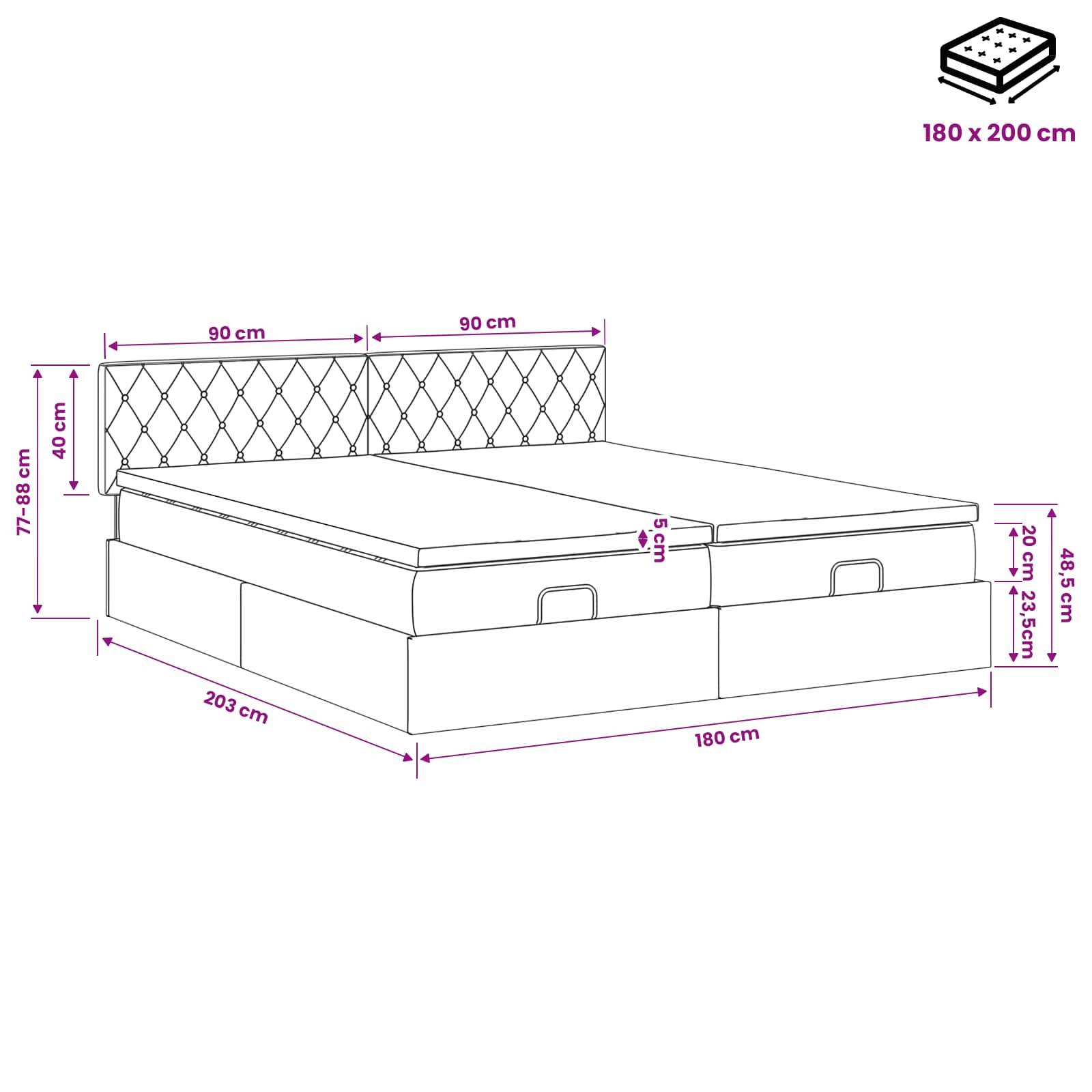 Maßstabgerechte Zeichnung eines gepolsterten Speicherbetts mit gestepptem Kopfteil, das eine Matratzengroße von 180 x 200 cm zeigt und beschriftete Abmessungen in Zentimetern aufweist.