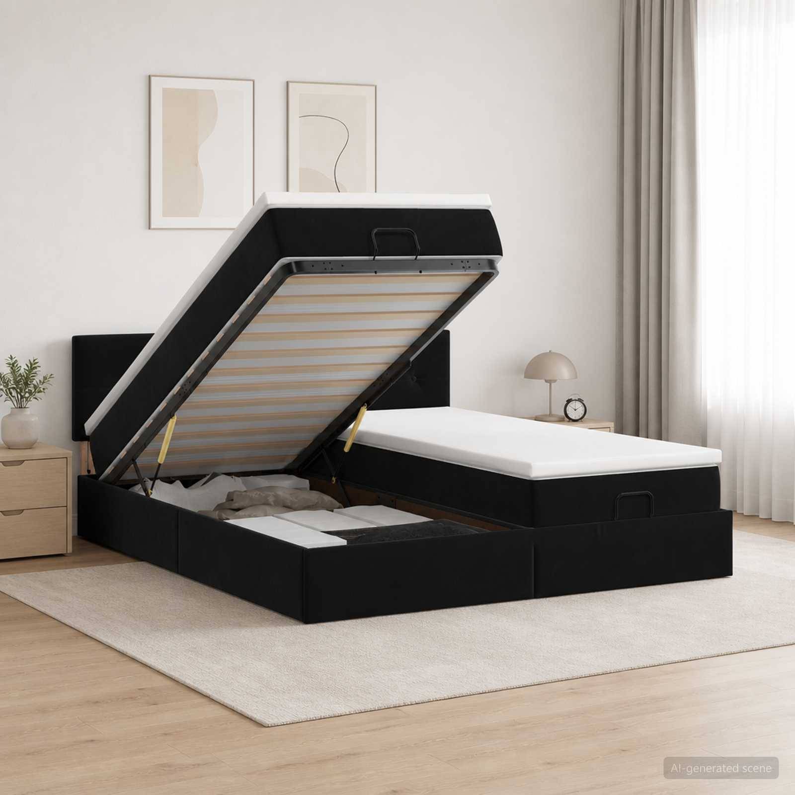 Ein schwarz gepolstertes Speicherbett mit der auf der linken Seite angehobenen Matratze, die das Speicherfach in einem hellen Schlafzimmer enthüllt.