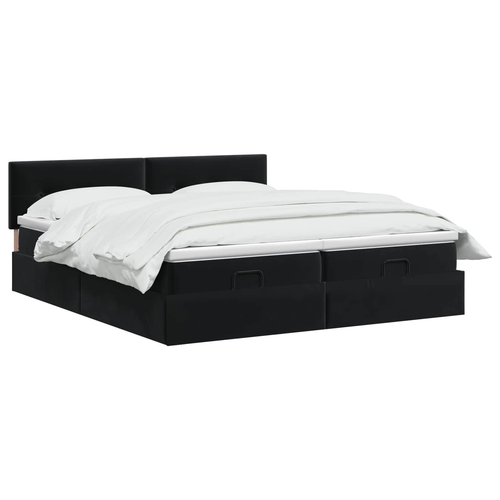 Schwarzes gepolstertes Bett mit Stauraum, weiße Bettwäsche und zwei Kissen auf weißem Hintergrund.