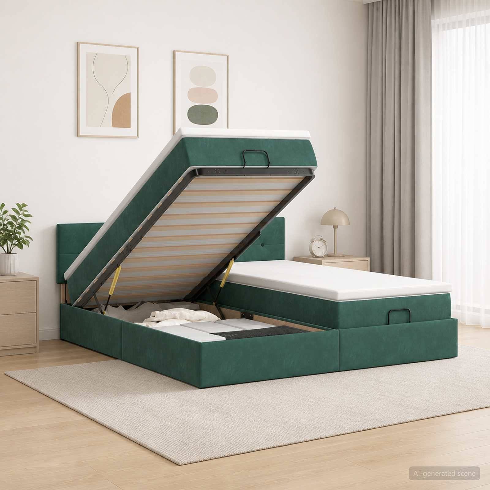 Modernes Bett mit grünem Polster, Stauraumbasis und abnehmbarer Matratze, die ein Unter-Bett-Fach offenlegt, in einem hellen Schlafzimmer.