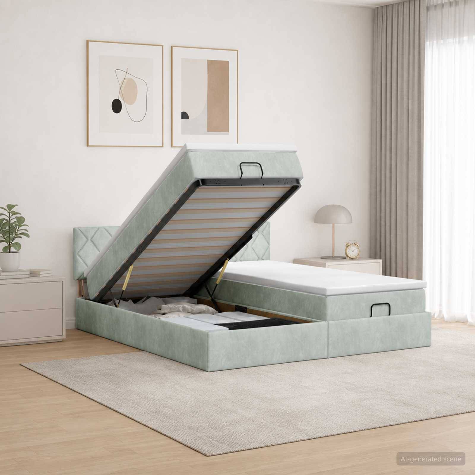 Ein Speicherbett mit mintgrünem Polsterbezug ist in einem hellen Schlafzimmer geöffnet und zeigt die Matratzenauflage und das Unter-Bett-Lagerfach.