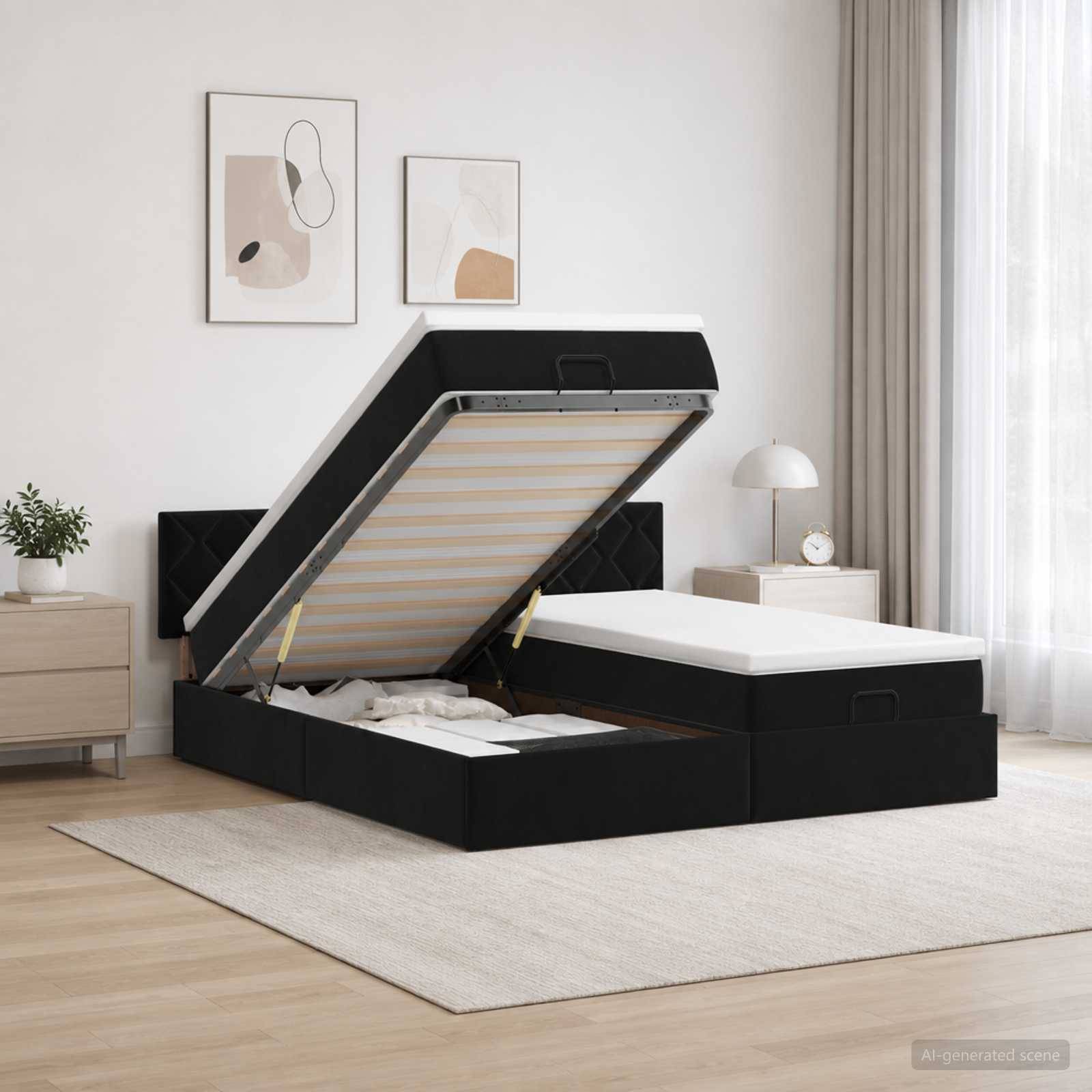 Schwarz gepolstertes Hochklappbett mit offener Aufbewahrungskompartiment in einem minimalistischen Schlafzimmer, das die Matratzenunterseite und den Stauraum unter dem Bett zeigt