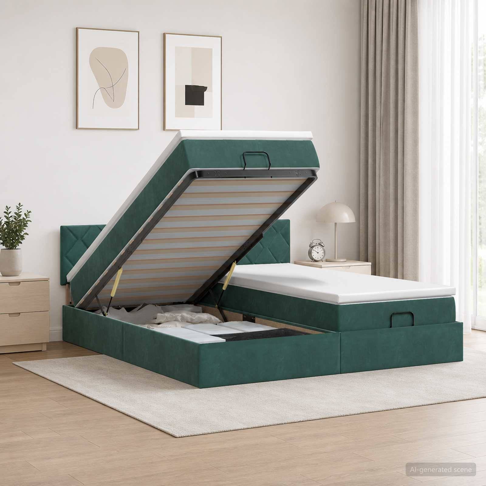 Grünes gepolstertes Bettgestell mit Speicher-Hubmatratzenrahmen offen, zeigt Unter-Bett-Fach in einem modernen Schlafzimmer.