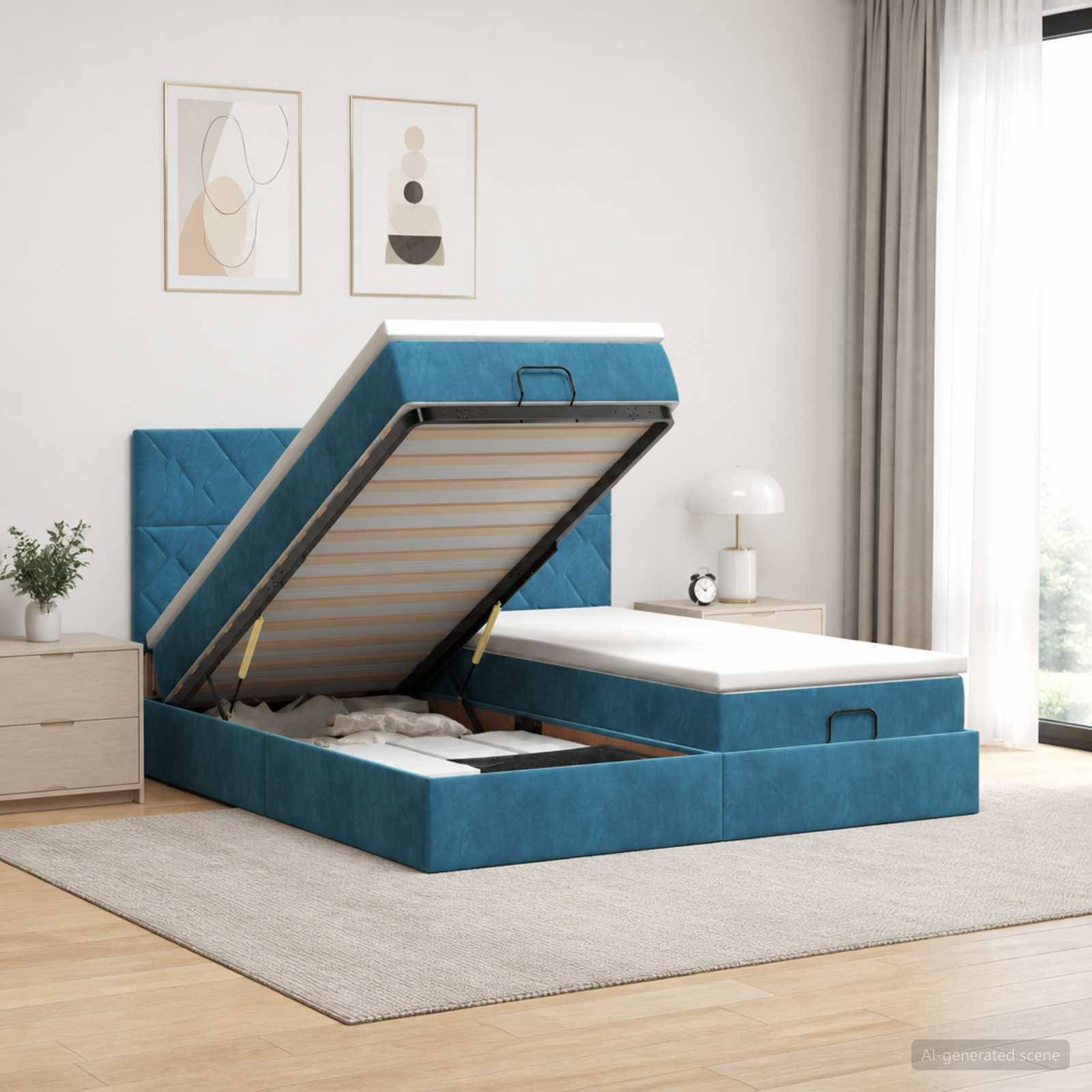 Blau gepolstertes Speicherbett mit erhobener Ottomane-Matratzenunterlage, zeigt die Unter-Bett-Speicherung in einem hellen, modernen Schlafzimmer.