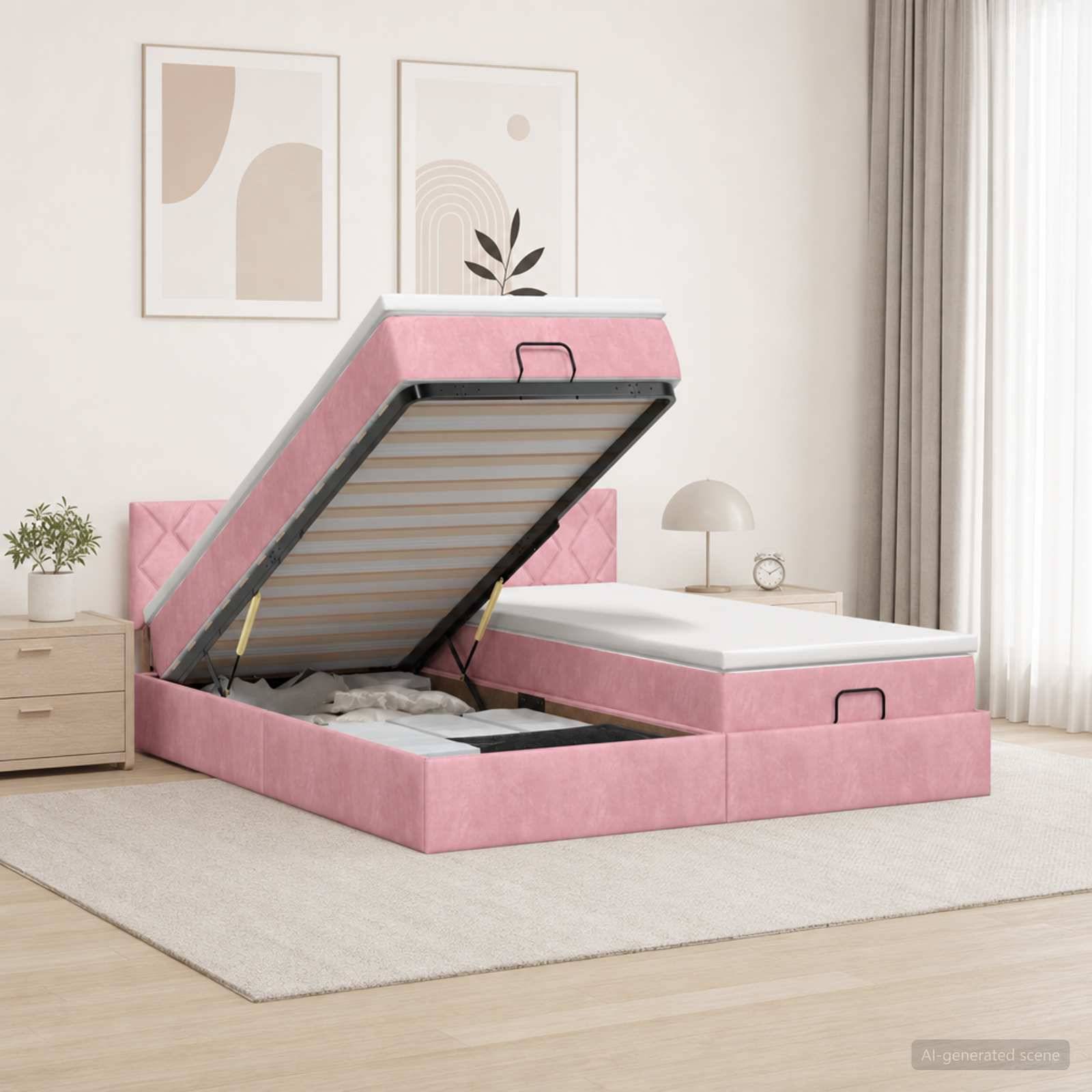 Rosafarbenes gepolstertes Bett mit Hubmechanismus und Stauraum mit Matratze, hochgeklappt, um das Unter-Bett-Stauraumfach in einem modernen Schlafzimmer zu zeigen.