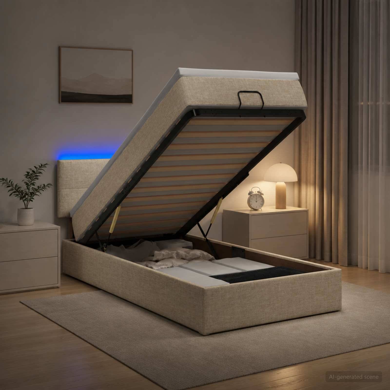 Modernes Schlafzimmer mit einem gepolsterten Bett mit Gasdruckfeder-Hebevorrichtung, das offen ist und die Latten-Basis und das Unter-Bett-Fach neben Nachttischen und einer Lampe zeigt.