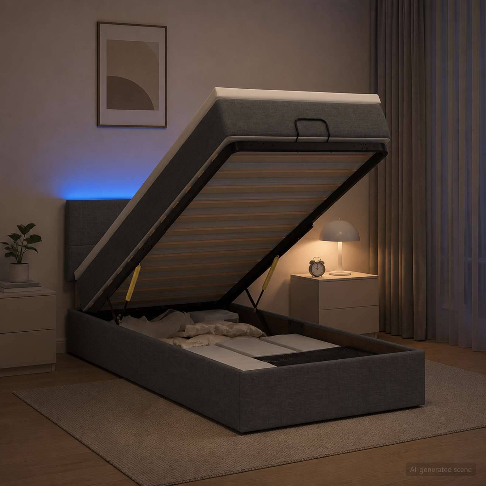 Offenes grau gepolstertes Speicherbett mit angehobener Matratze durch einen Scharnierenmechanismus, gezeigt in einem sanft beleuchteten Schlafzimmer mit Nachttischen und Lampe.