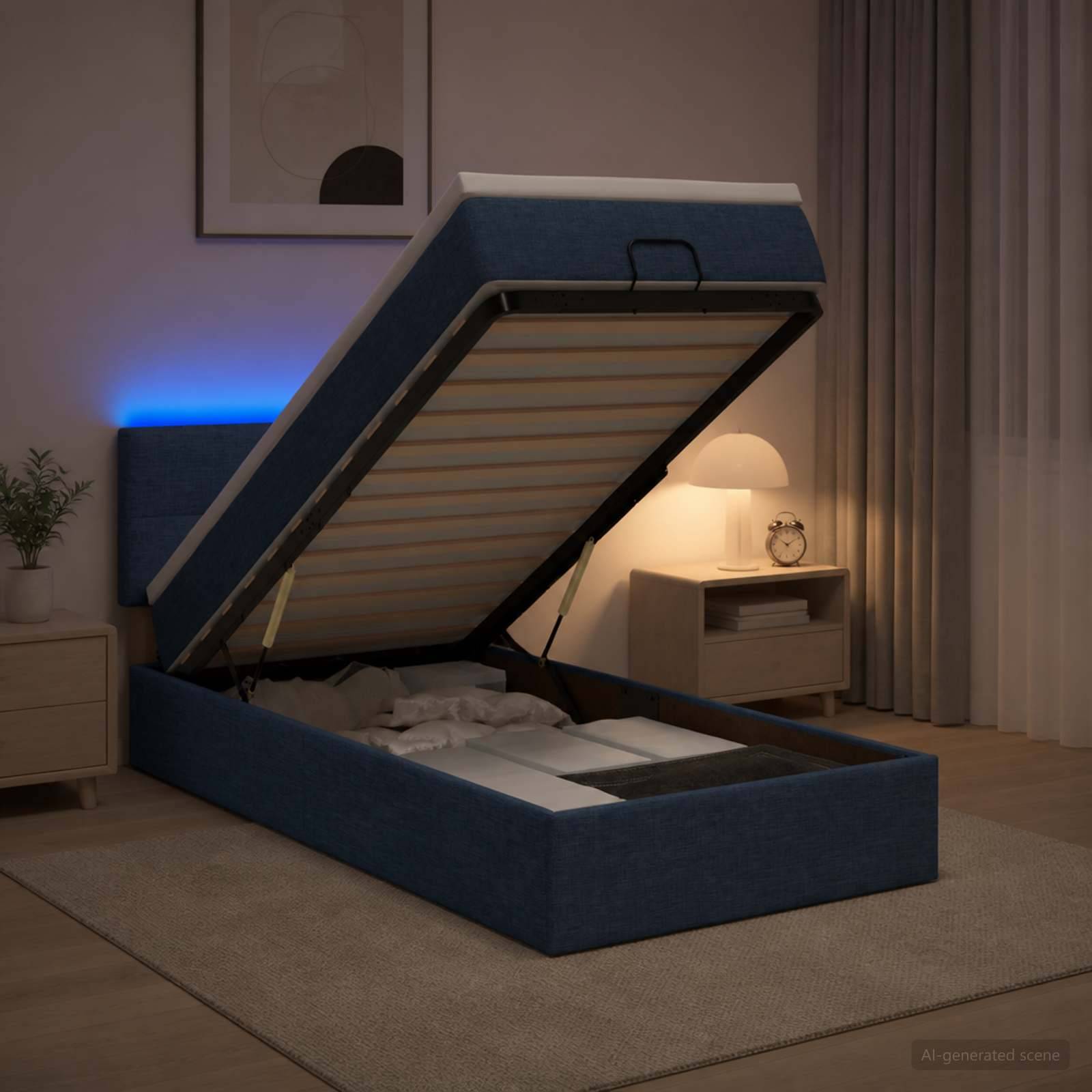 Ein blau gepolstertes Speicherbett wird hochgeklappt und gibt die Matratzenunterlage in einem sanft beleuchteten Schlafzimmer mit Nachttischlampe und Vorhängen frei.
