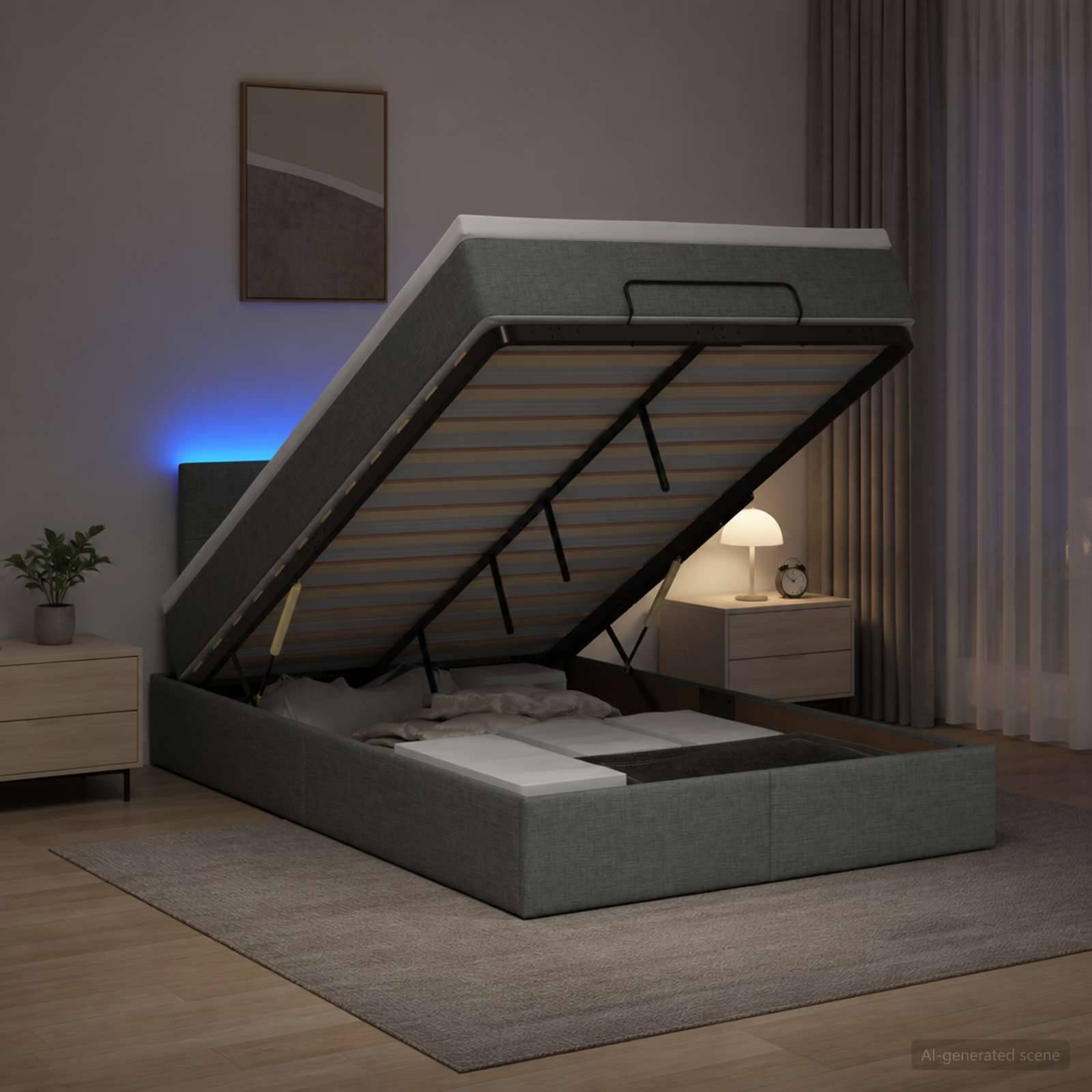 Grau gepolstertes Speicherbett mit angehobenem Bettmatratze, das unter dem Bett Stauraum in einem modernen Schlafzimmer in der Nacht zeigt.