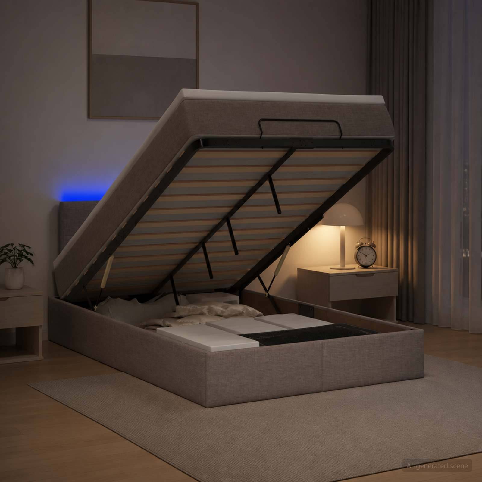 Ein gepolstertes Bett mit aufgeklappter Matratze, das eingebauten Stauraum im Rahmen in einem modernen Schlafzimmer zeigt.
