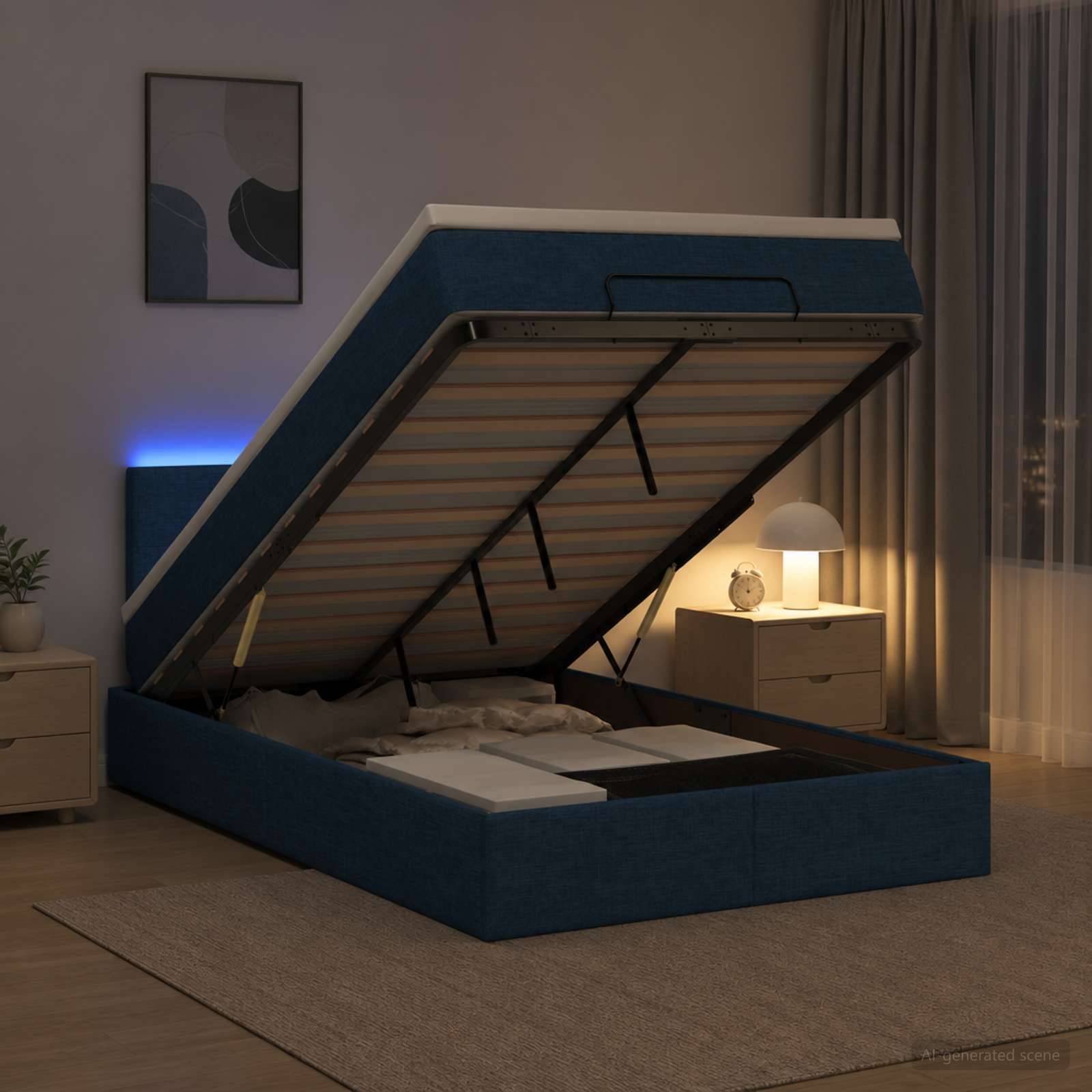 Blaues gepolstertes Ottomanbett, das sich aufklappen lässt und Stauraum offenbart, stilvoll eingerichtet in einem modernen Schlafzimmer mit Nachttischlampen und Vorhängen.