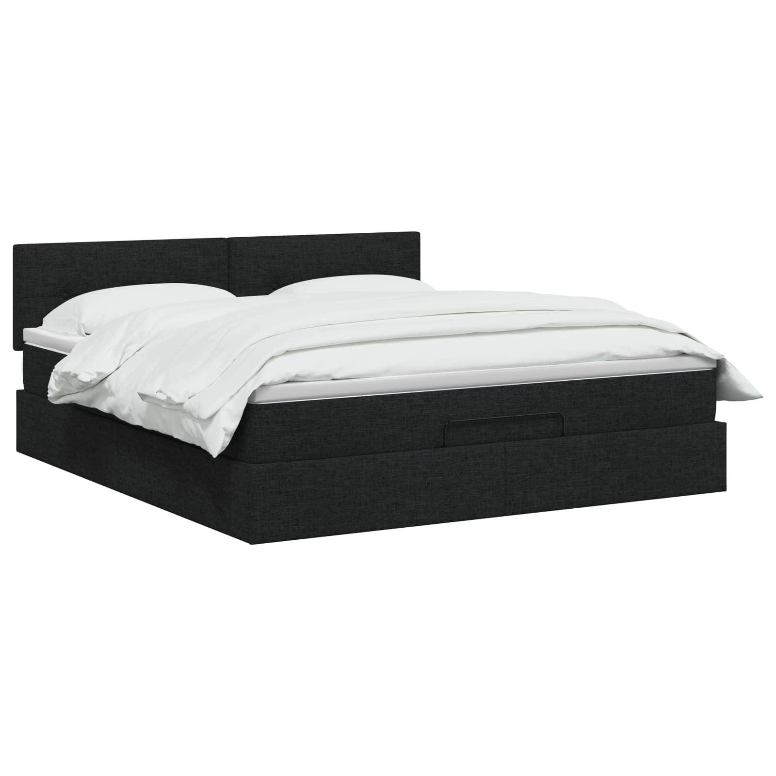 Schwarzes gepolstertes Bett mit weißer Bettwäsche, gezeigt auf einfachem weißen Hintergrund.