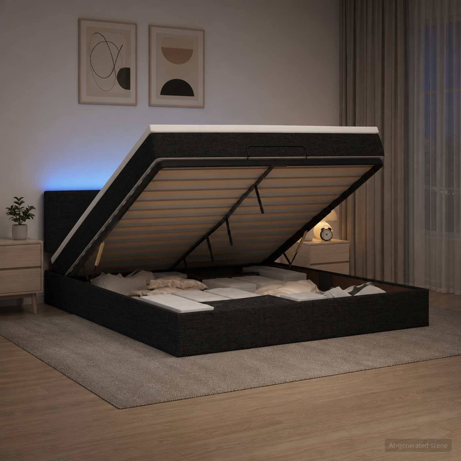 Modernes Schlafzimmer mit einem offenen Bettkasten-Bettrahmen, der die Bettwäsche-Lagerfläche im Inneren zeigt; Nachttisch, Wandkunst und Vorhänge im Hintergrund.