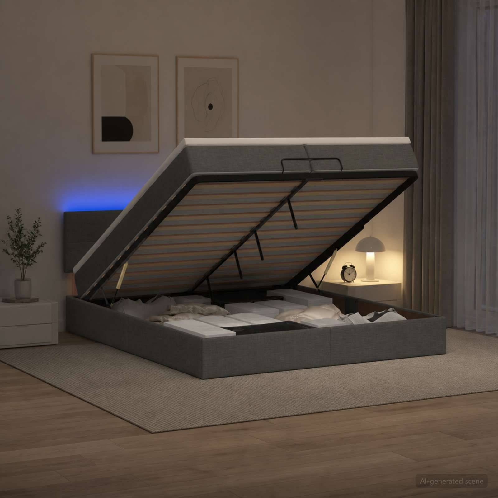 Modernes Polsterbett mit Stauraum-Untergestell und hochklappbarem Lattenrahmen offen in einem gestylten Schlafzimmer, wobei die Bettwäsche im Rahmen sichtbar ist.