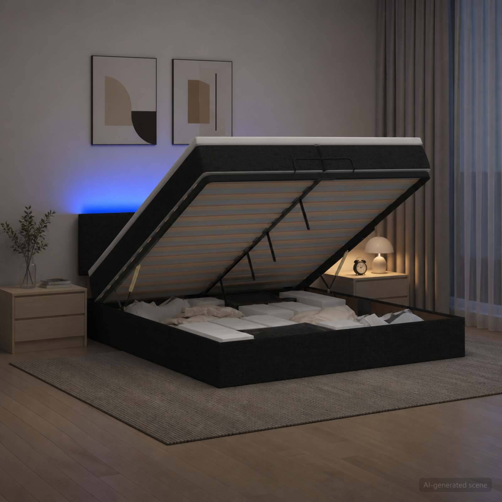 Modernes Schlafzimmer mit einem schwarzen gepolsterten Bett mit Hubmechanismus, das offen ist und die Matratze sowie den Stauraum unter dem Bett zeigt; Nachttischlampen und Wandkunst im Hintergrund.
