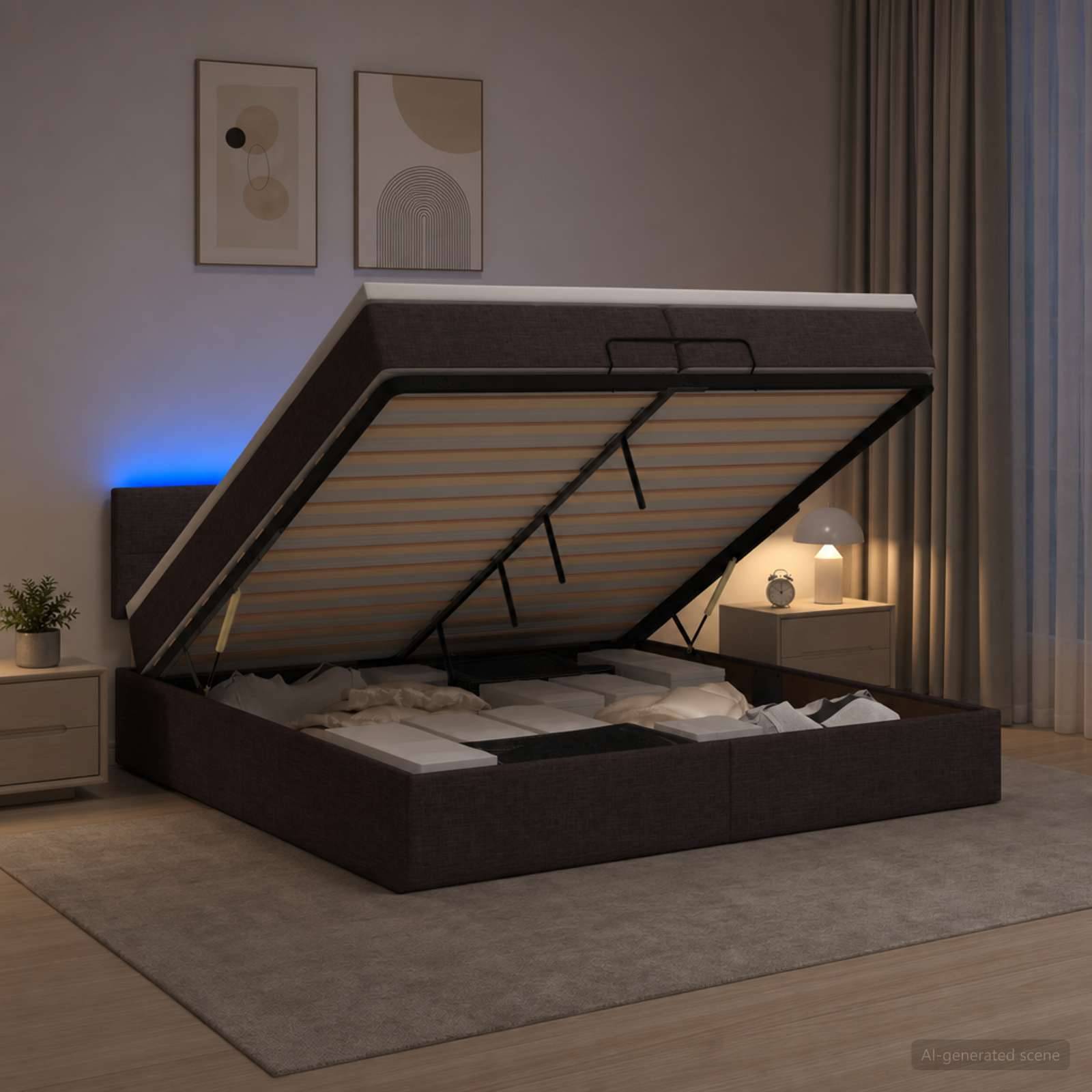 Modernes gepolstertes Bett mit Hubmechanismus und Stauraum, das in einem inszeniertem Schlafzimmer hochgeklappt ist und die Unterseite der Latten sowie den Stauraum zeigt.