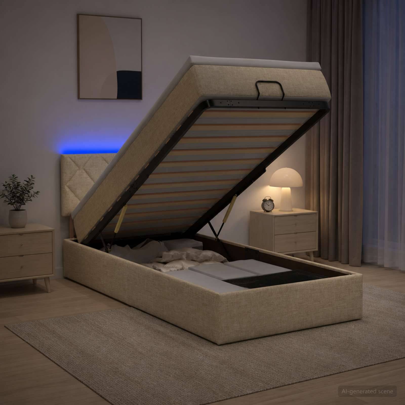 Gepolstertes Bett mit Stauraum, bei dem die Matratze angehoben ist, um das Unter-Bett-Fach in einem modernen Schlafzimmer zu zeigen.