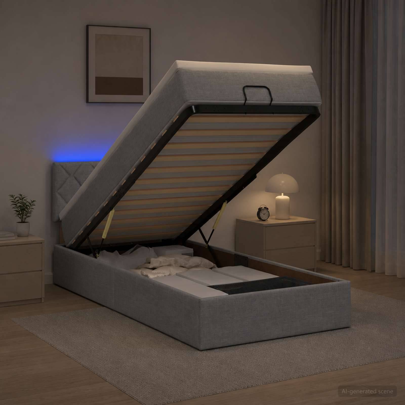 Modernes gepolstertes Bett mit Stauraumbasis angehoben, um das Matratzenfach und die lattierte Unterseite in einem sanft beleuchteten Schlafzimmer zu zeigen.