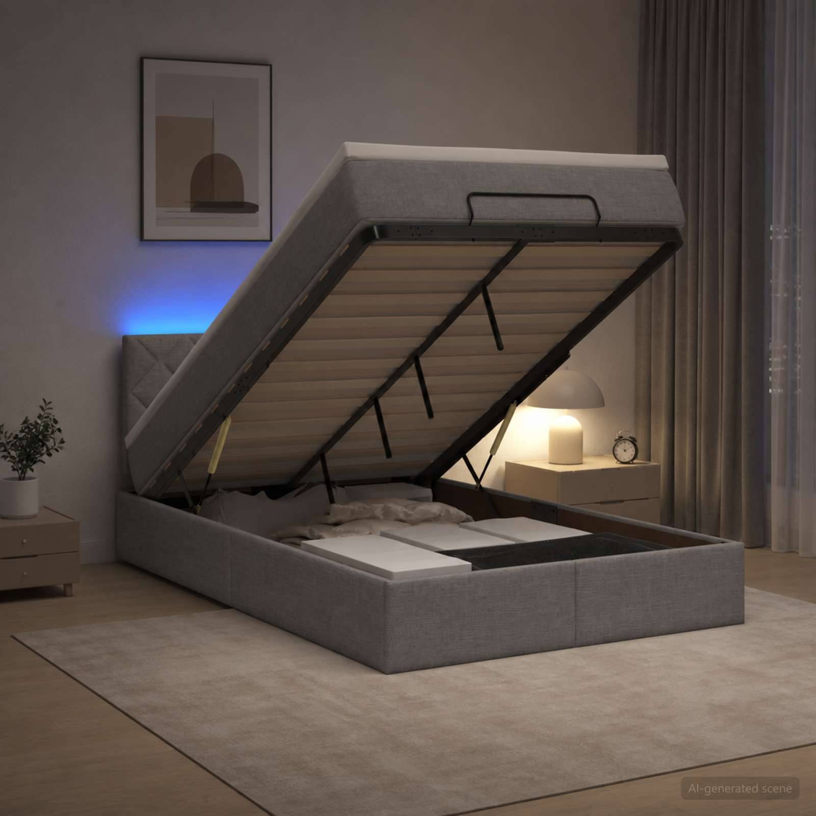 Grau gepolstertes Speicherbett mit der angehobenen Matratzenplattform, die das Unter-Bett-Stauraum in einem sanft beleuchteten Schlafzimmer offenbart.
