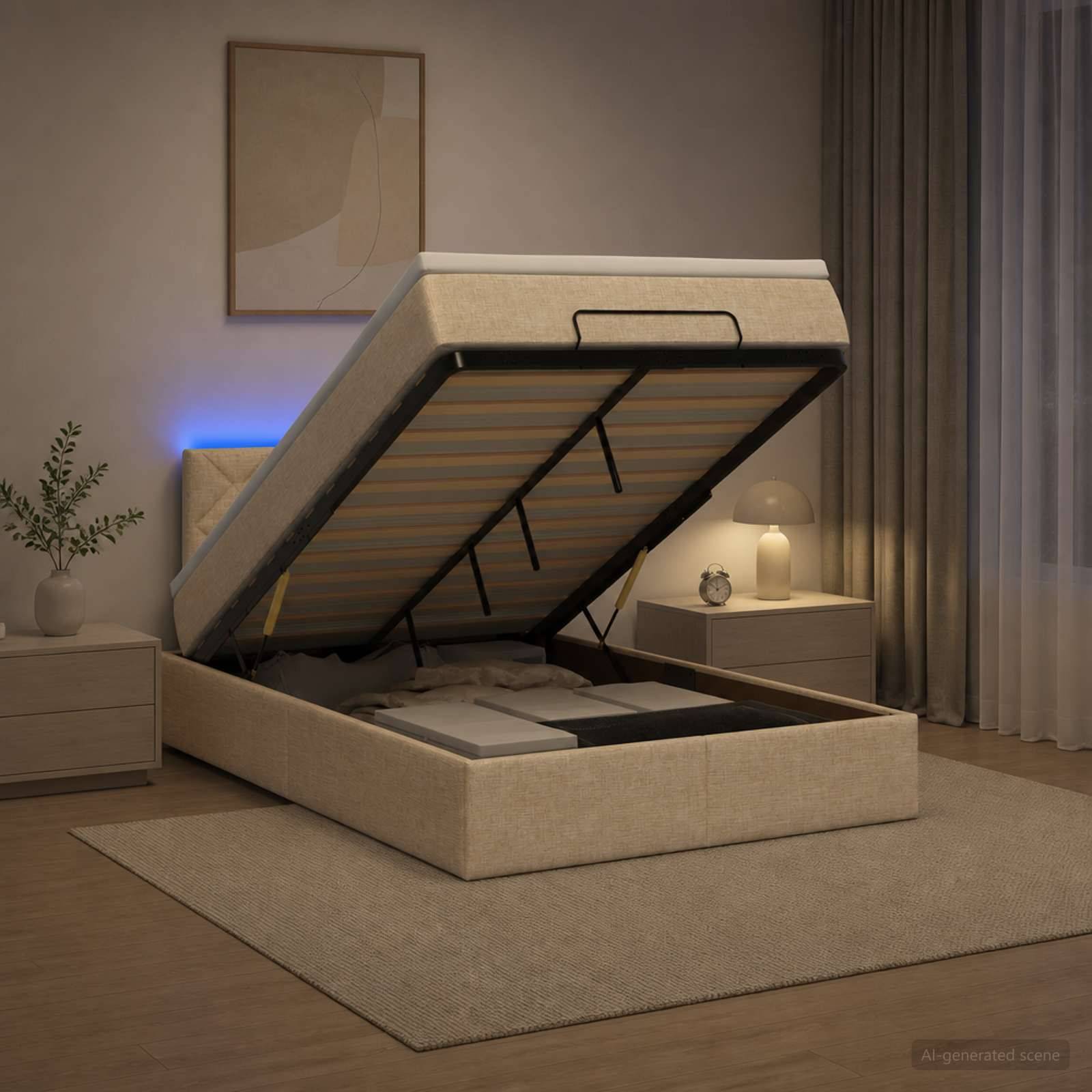 Modernes Schlafzimmer mit einem gepolsterten Bett mit Hubmechanismus, das offen ist und die Matratzenunterlage und das Unter-Bett-Fach zeigt, flankiert von Nachttischen und Lampen.