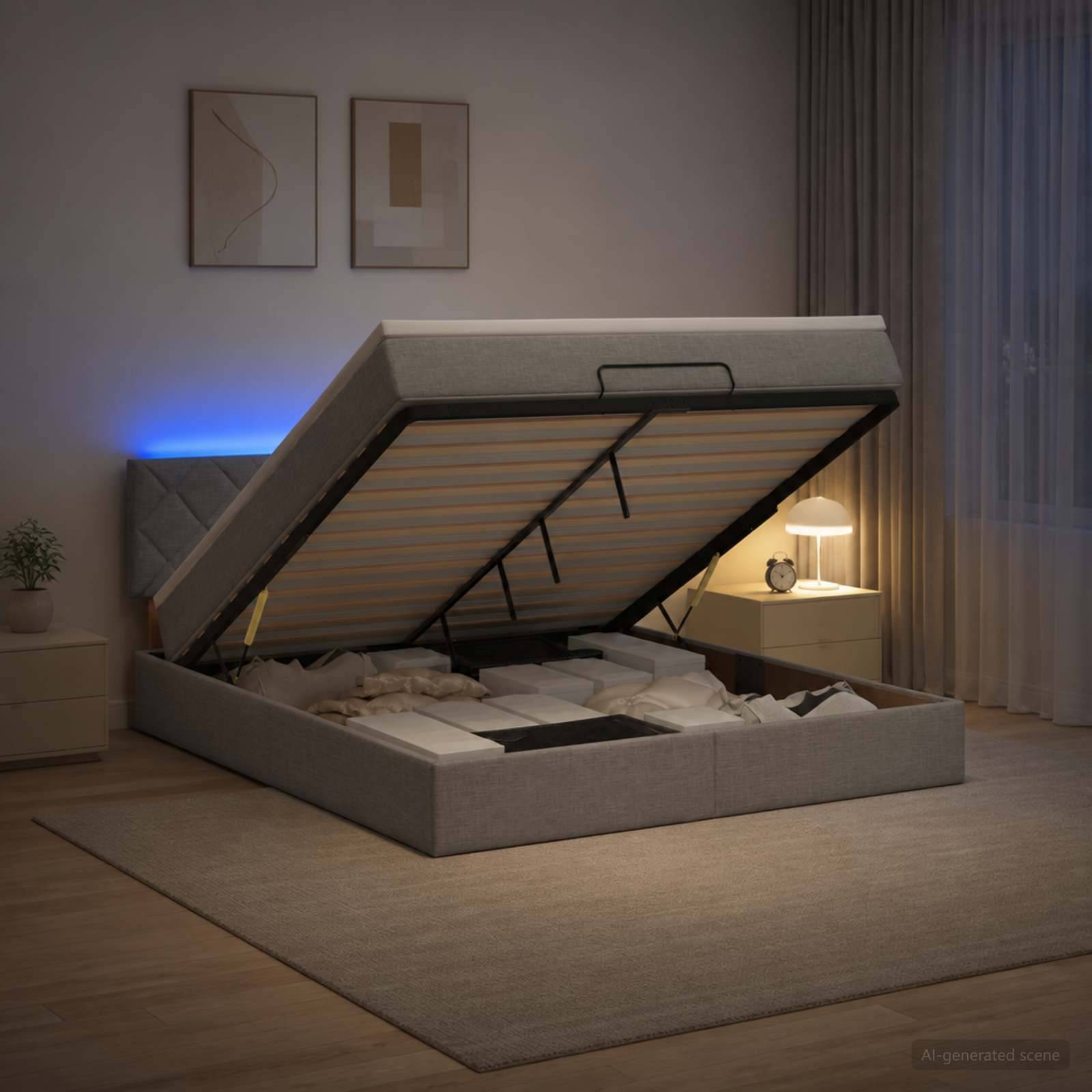 Ein modernes gepolstertes Bett mit Stauraum und hochgeklappter Matratze, die einen eingebauten Stauraum unter dem Bett in einem sanft beleuchteten Schlafzimmer offenbaren.