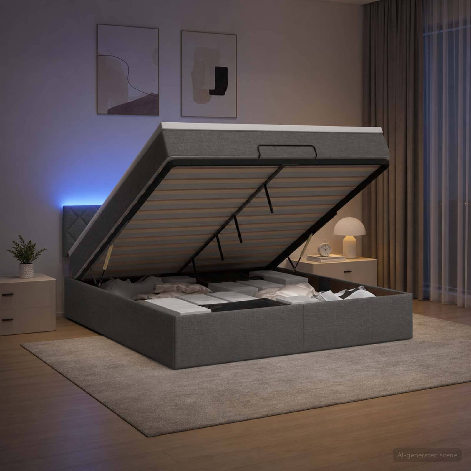 Modernes graues Polsterbett mit einer offenen Hubmatratzenunterseite, die Stauraum offenbart, in einem sanft beleuchteten Schlafzimmer mit Nachttisch, Lampe, Teppich und Vorhängen.
