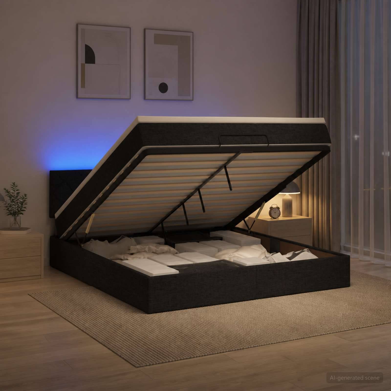 Modernes Schlafzimmer mit einem gepolsterten Bett mit Hubtürmechanismus, das offen hochgeklappt ist und den Matratzenstützbereich und das Stauraum-Unterlifach zeigt.
