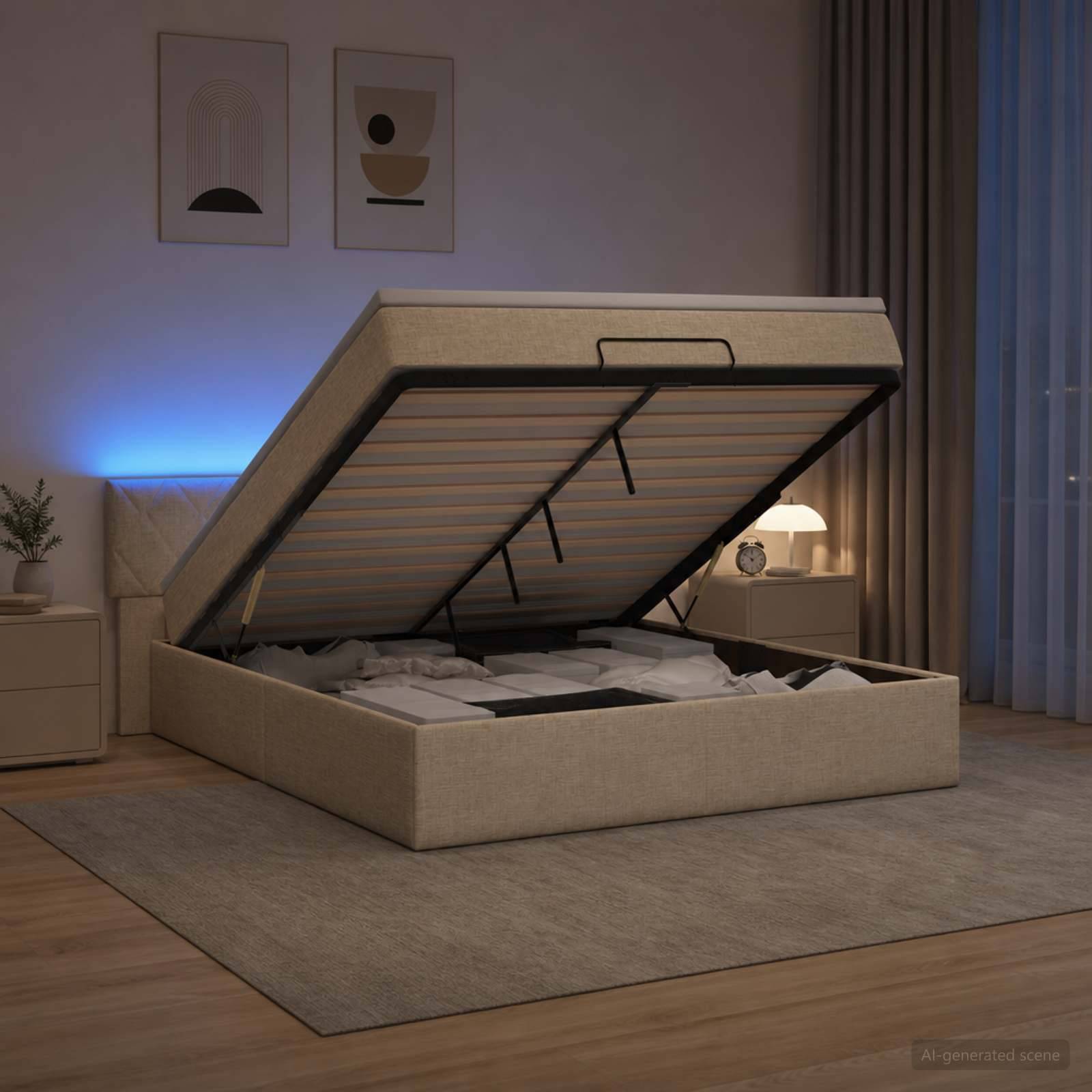 Gepolstertes Speicherbett mit einer Matratze, die auf einem Gasliftrahmens angehoben ist und den Speicherplatz des Bettes in einem Schlafzimmer zeigt.