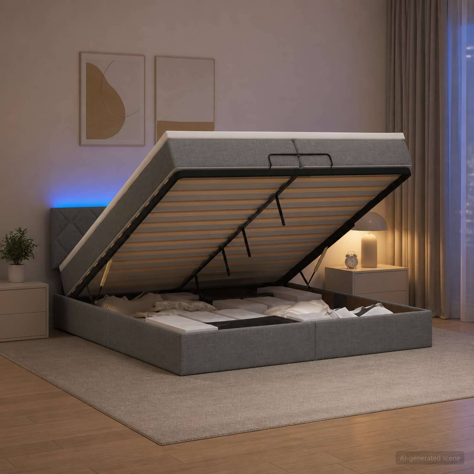 Grau gepolstertes Stahlbett mit hochgehobenem Lattenrost auf Gasfedern, das den Stauraum unter dem Bett in einem modernen Schlafzimmer freigibt.