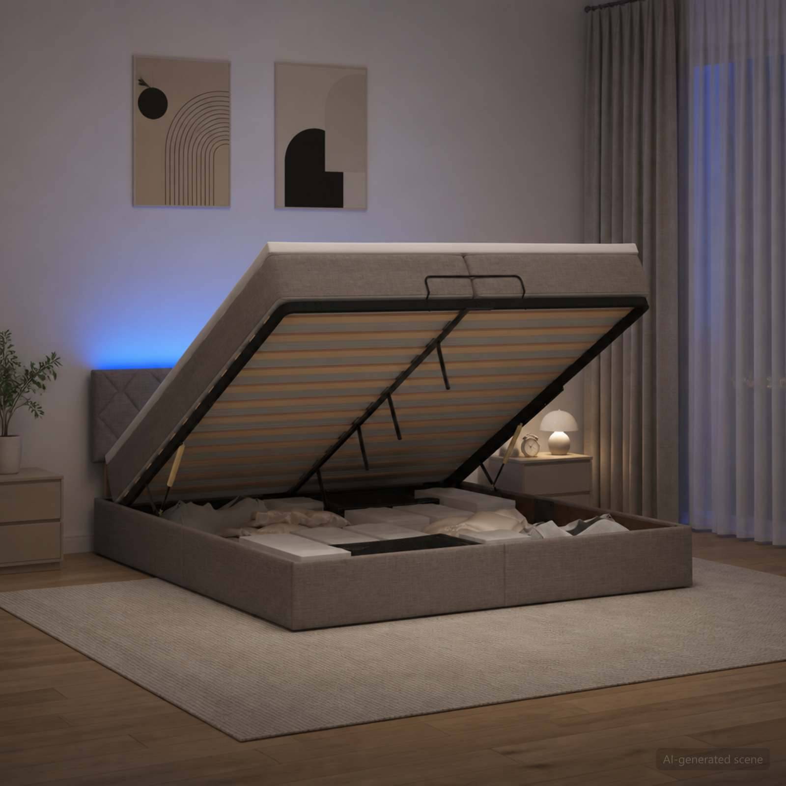 Modernes Schlafzimmer mit einem offenen Speicherbett auf einem hydraulischen Rahmen, das organisierte Unter-Bett-Fächer offenbart, und einer beleuchteten Nachttischlampe.