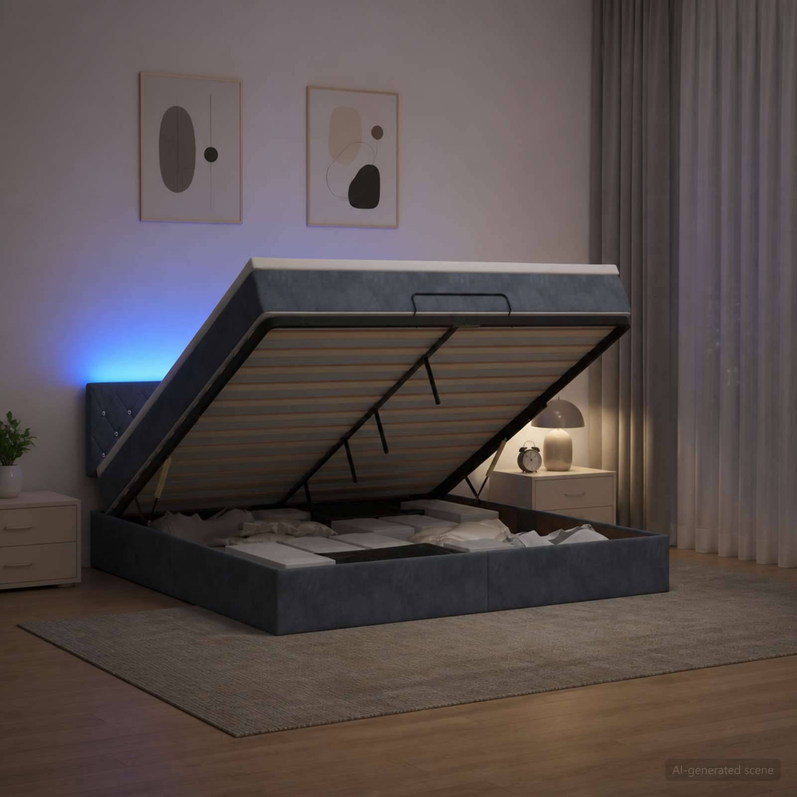 Modernes Polsterbett mit Stauraumbasis, dargestellt mit angehobenem Bett, um das Fach und den verstellbaren Lattenrost in einem Schlafzimmer zu zeigen.