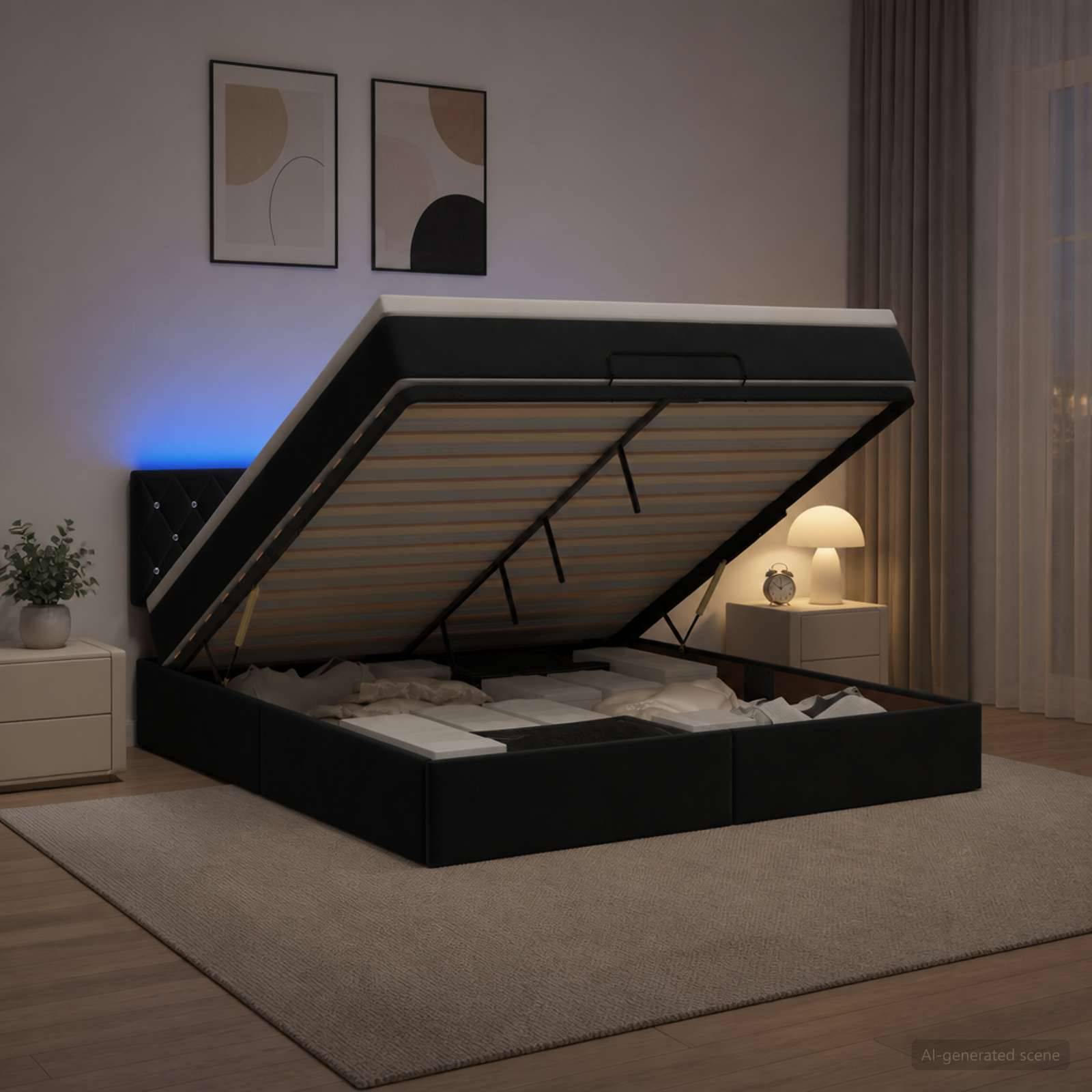 Modernes Schlafzimmer mit einem Bettrahmen zum Hochfahren, der Stauraum unter der Matratzenplattform freilegt, neben einer Nachttischlampe und Dekoration.