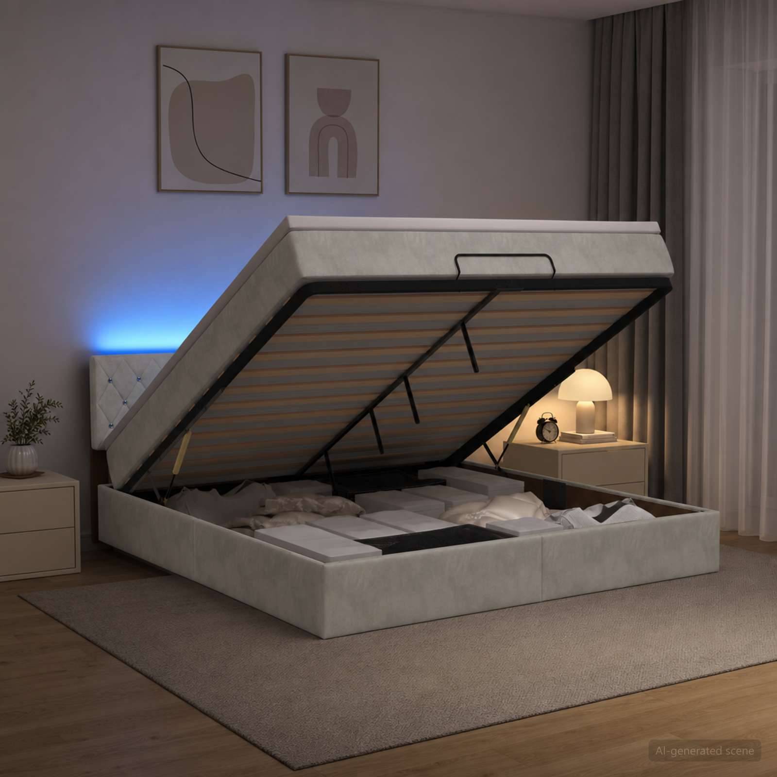 Modernes Polsterbett mit hochklappbarer Matratzenplattform, die den darunter liegenden Stauraum freigibt, in einem gestalteten Schlafzimmer mit Nachttischlampen und Wandkunst.