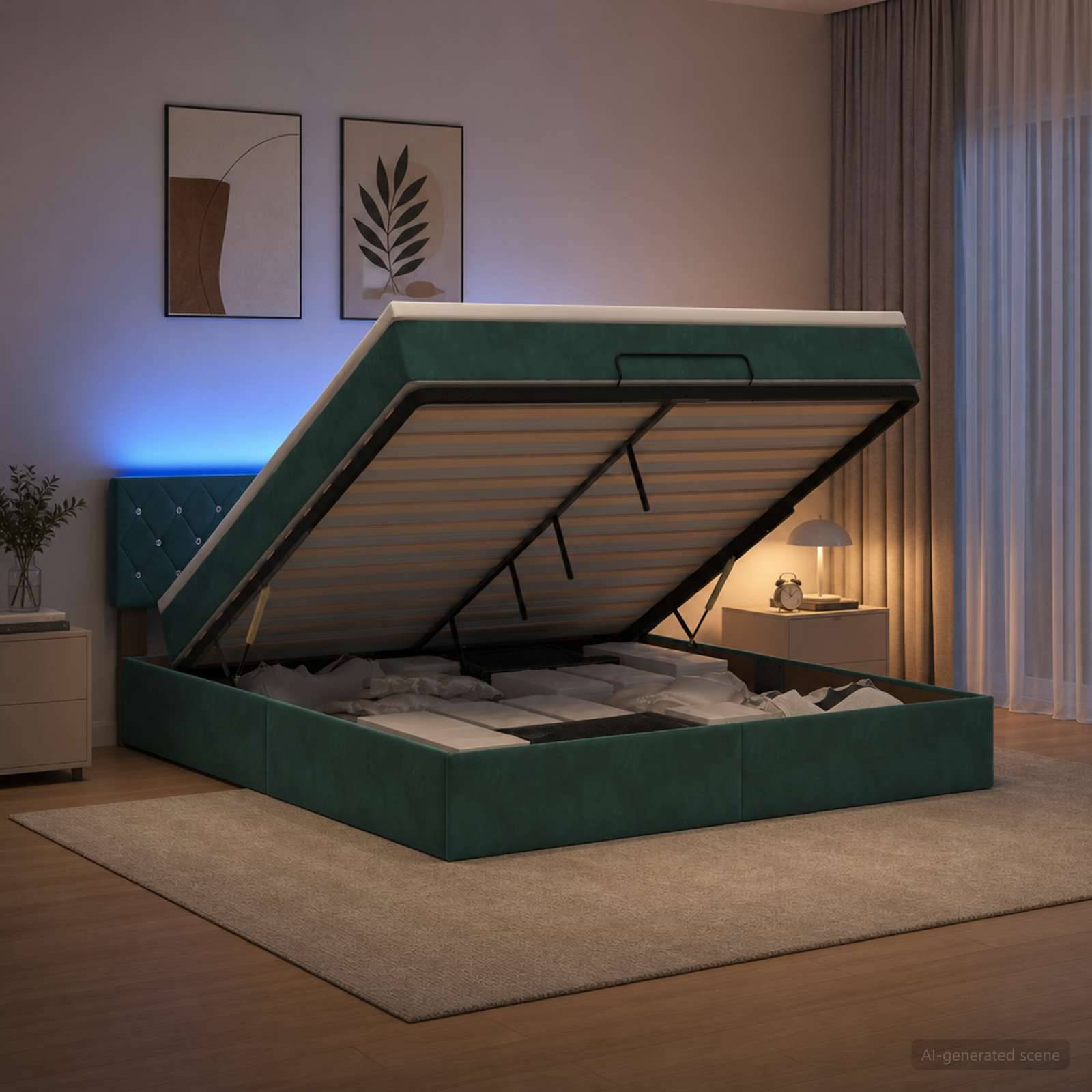 Ein grünes gepolstertes Bett mit Hubmechanismus, das in einem modernen Schlafzimmer geöffnet ist und die Matratzenunterlage sowie die Unter-Bett-Aufbewahrungsfächer zeigt.