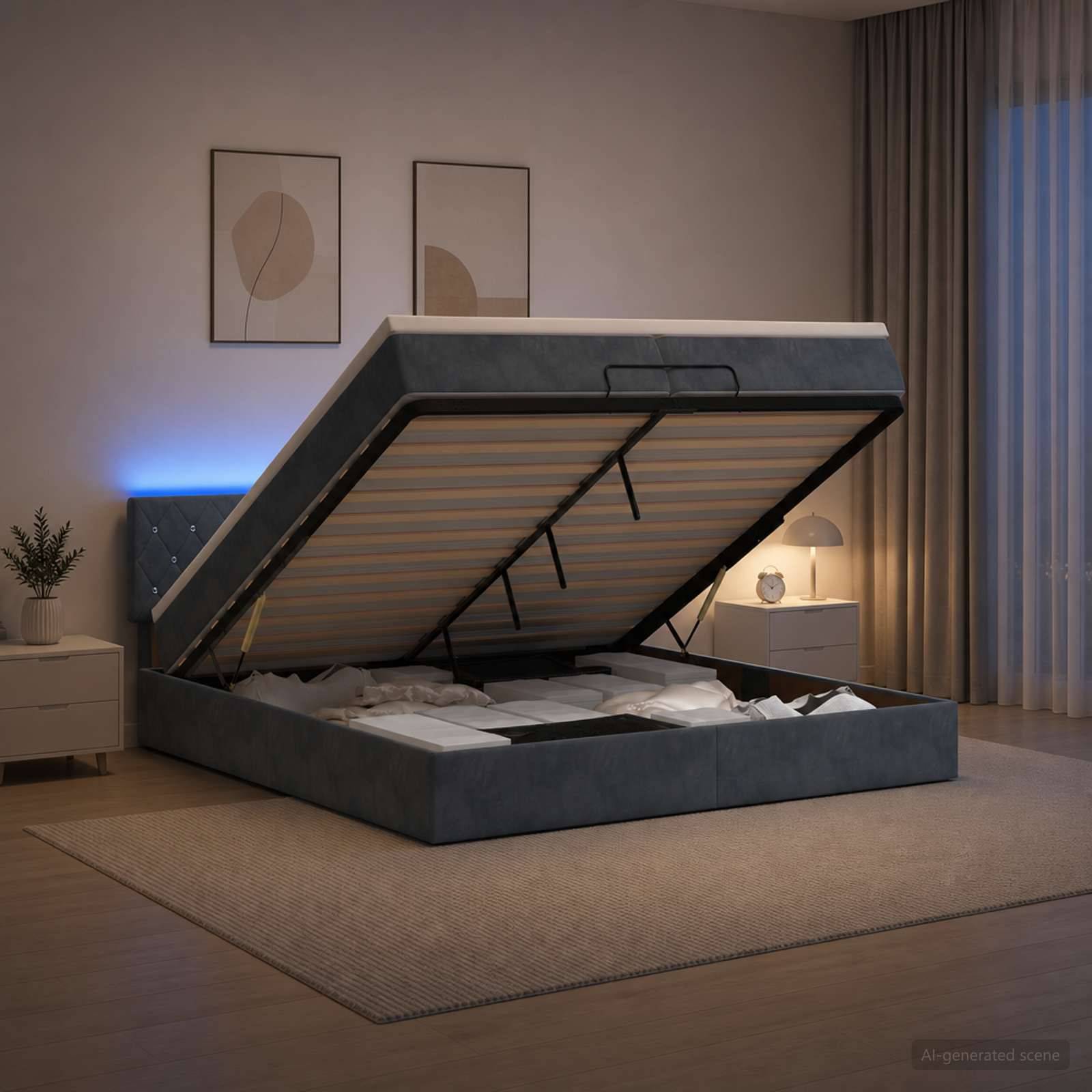 Modernes Schlafzimmer mit einem großen Stauraumbett mit hochklappbarer Plattform, die das Bettzubehör im Inneren offenbart.