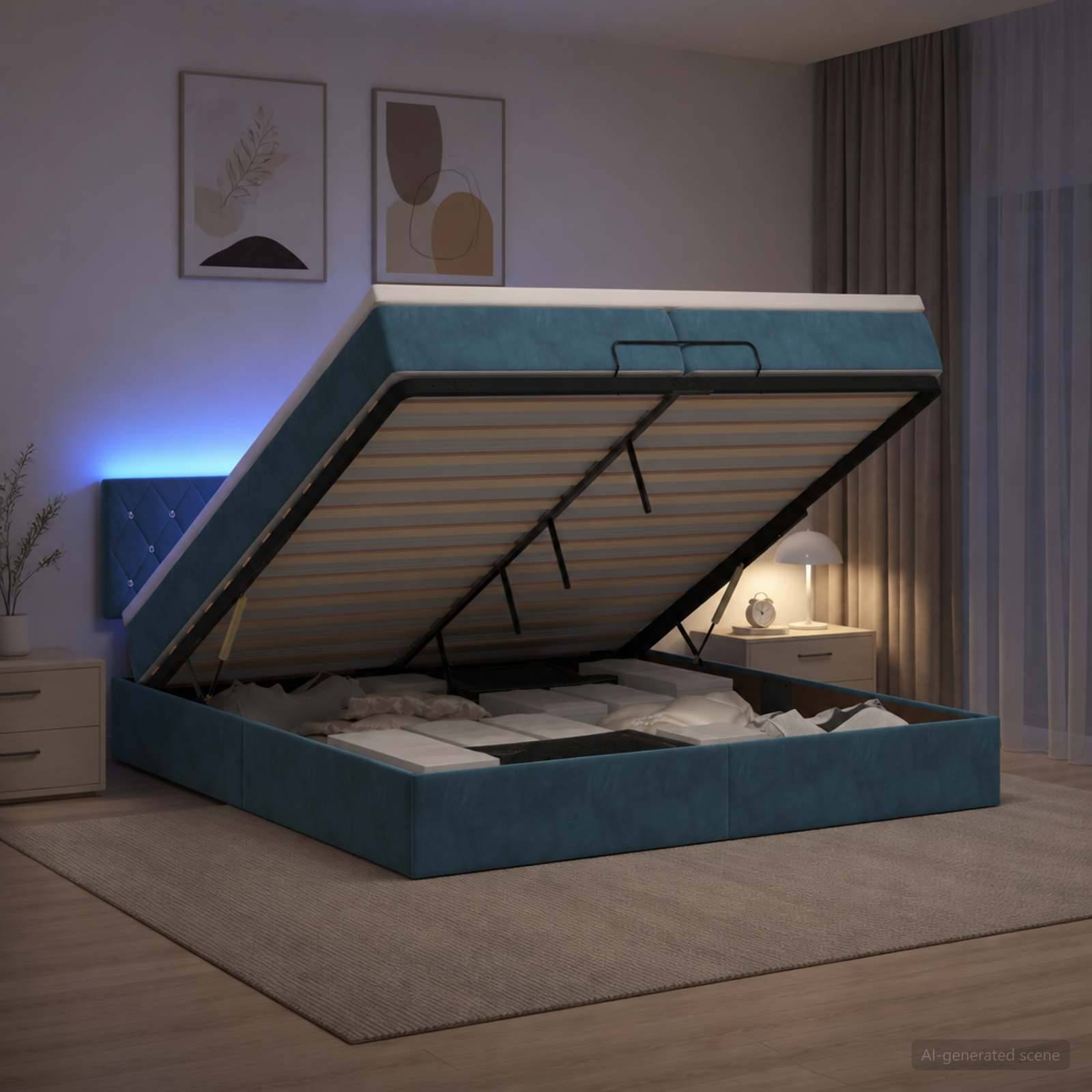Modernes Polsterbett mit Gasfeder-Hubmechanismus und Stauraum mit offener Basis in einem Schlafzimmer, das die Matratzenauflage und den Stauraum darunter zeigt.