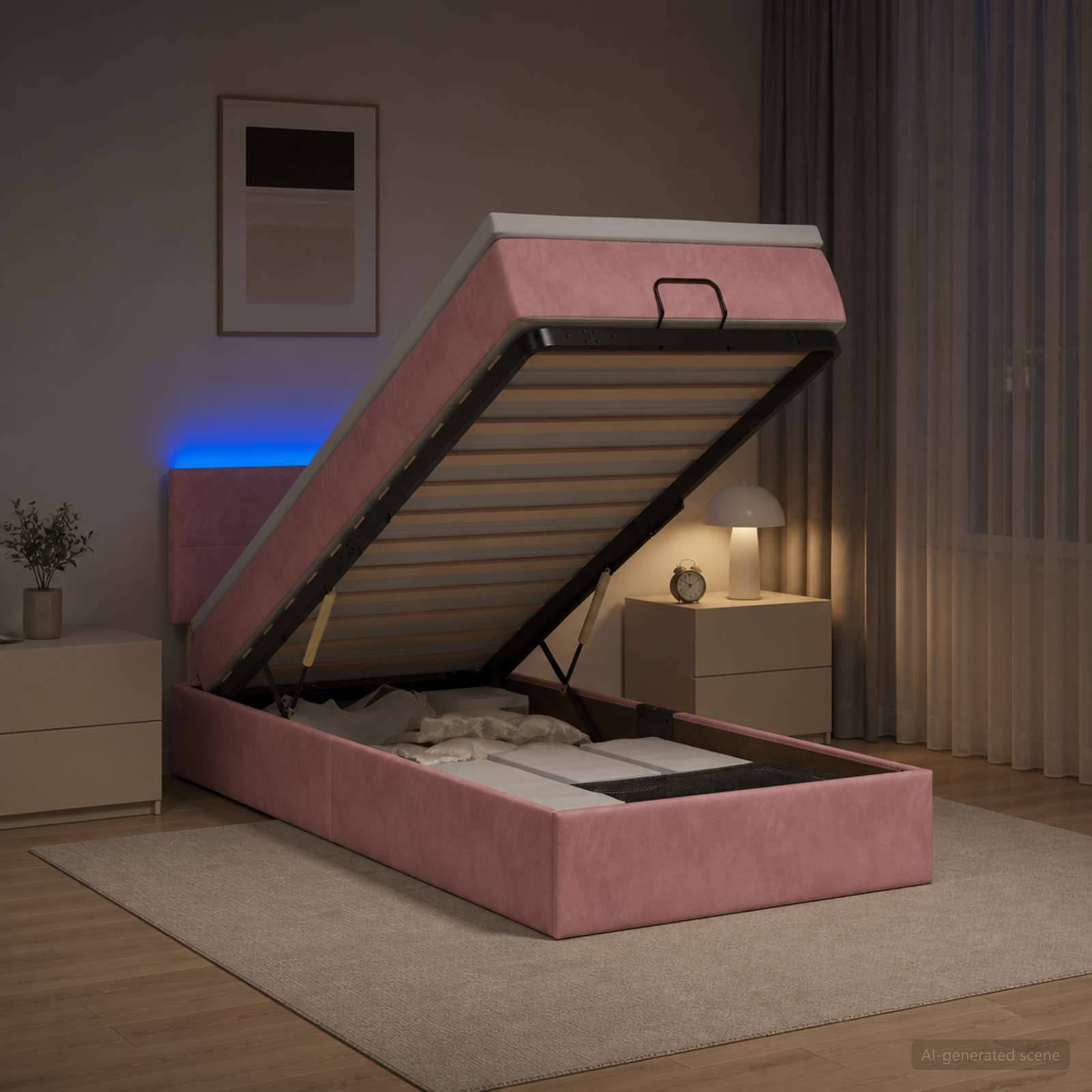 Rosa gepolstertes Hochbett mit Stauraum offen in einem modernen Schlafzimmer, das die Matratzenunterlage und den Stauraum darunter zeigt.