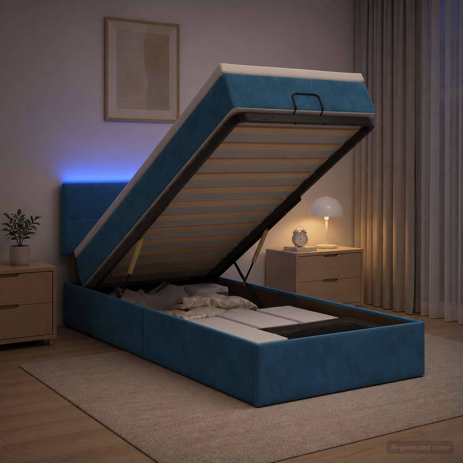 Blaues gepolstertes Speicherbett mit der angehobenen Matratzenunterlage, das den Unter-Bett-Stauraum in einem sanft beleuchteten Schlafzimmer enthüllt.